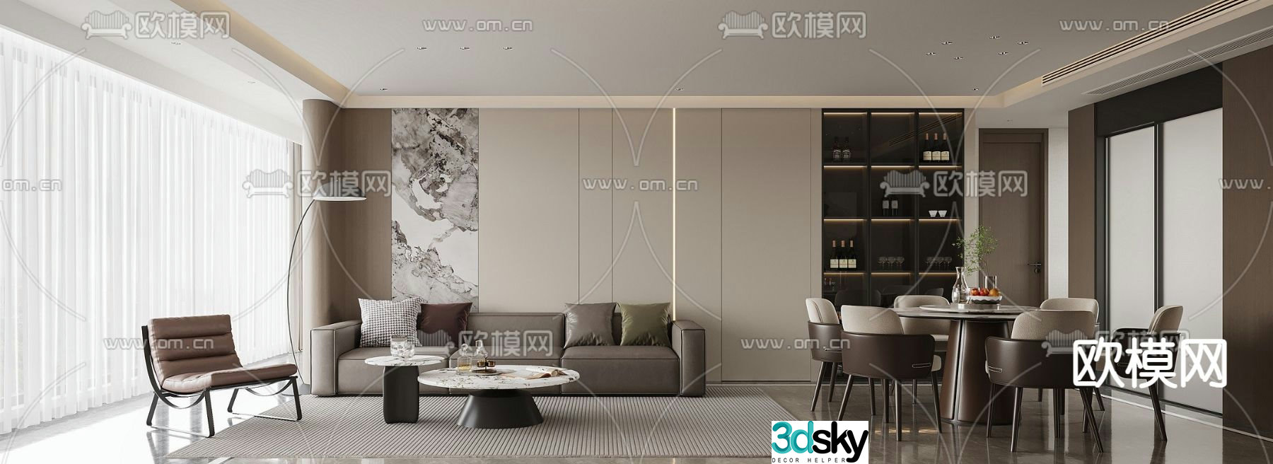 Modern living and dining room 3d model