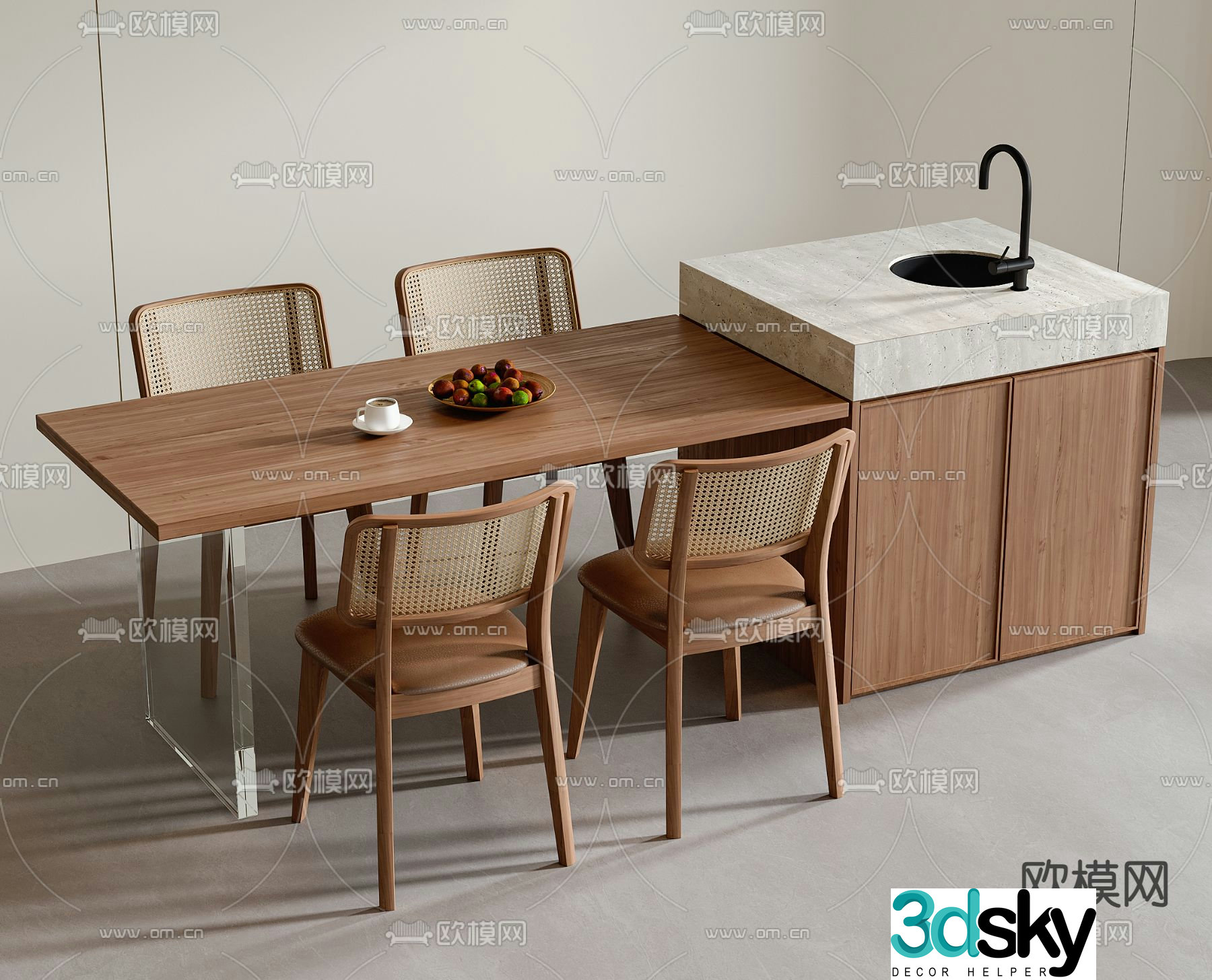 Island dining table and chairs 3d model