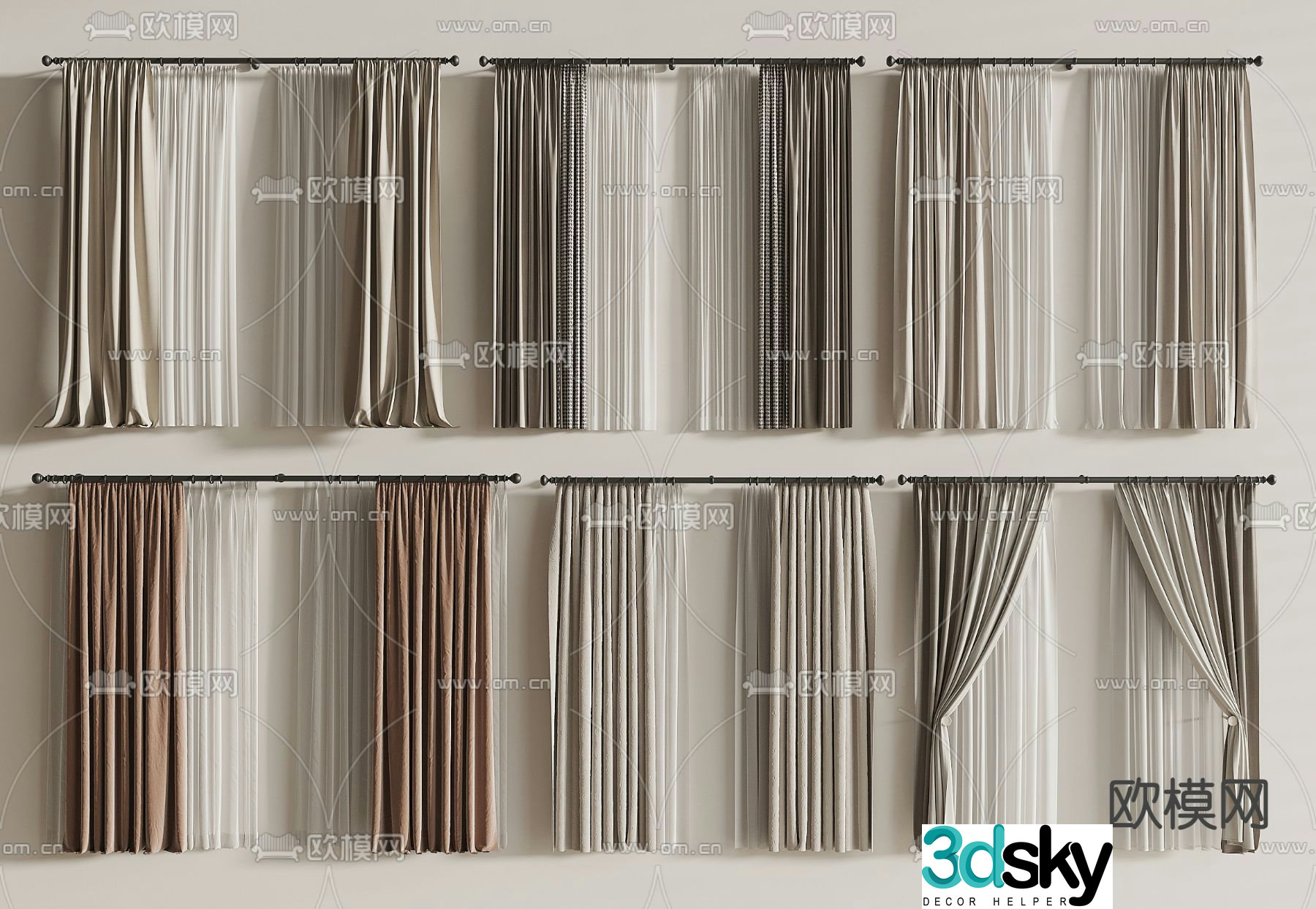 Curtains Gauze Curtains Rods 3D Model
