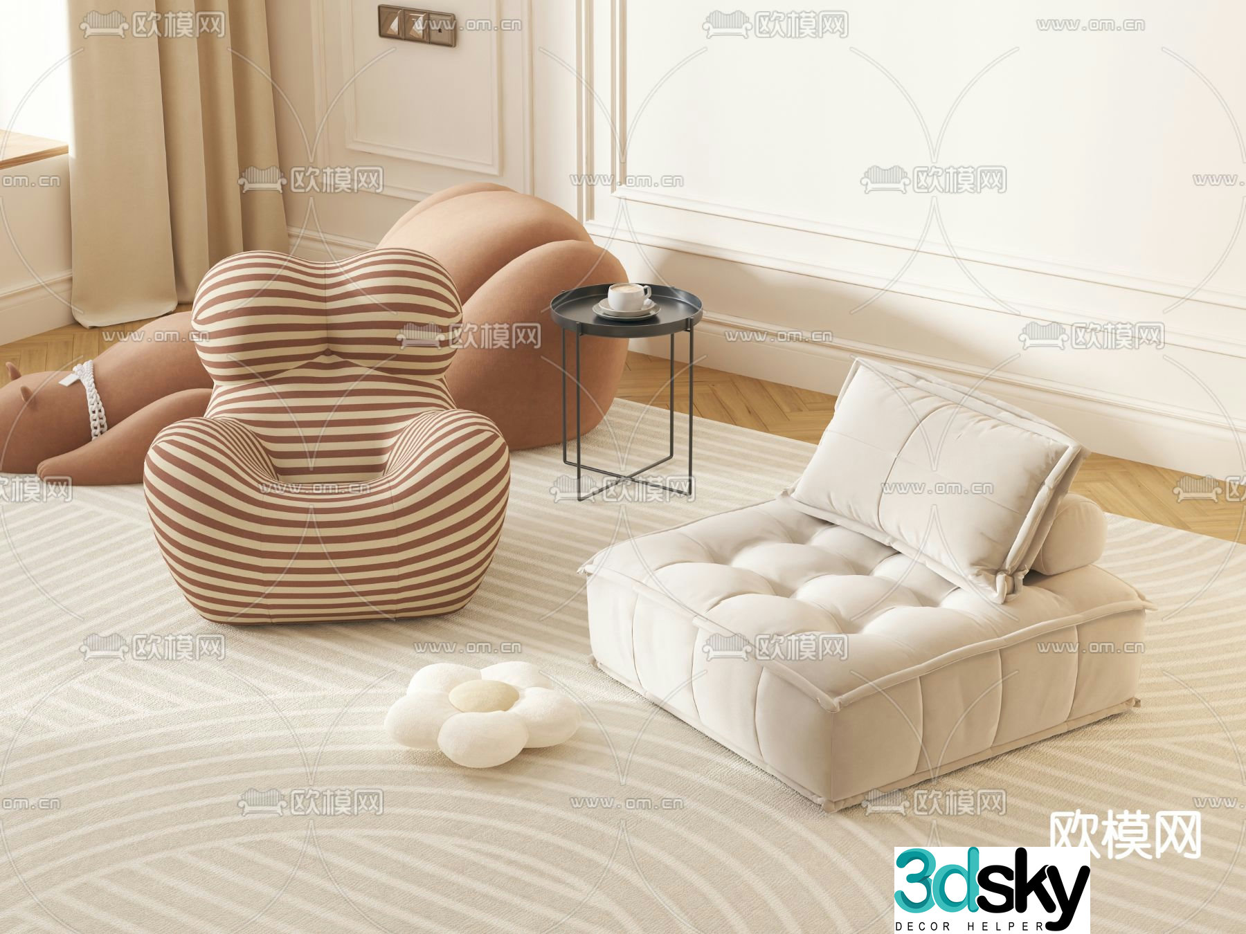 Cream style sofa lazy sofa mother chair 3d model