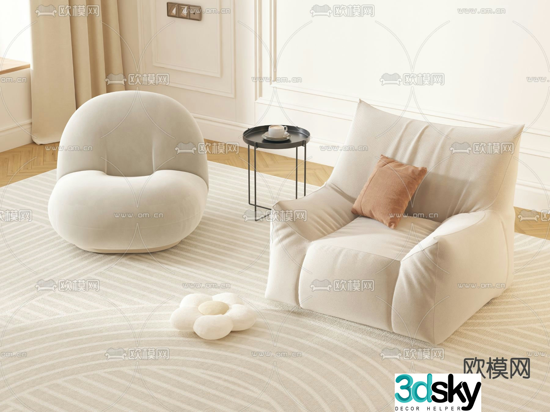 Cream style sofa single sofa lazy sofa 3d model