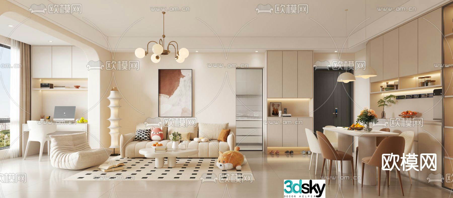 Creamy living room dining room 3d model