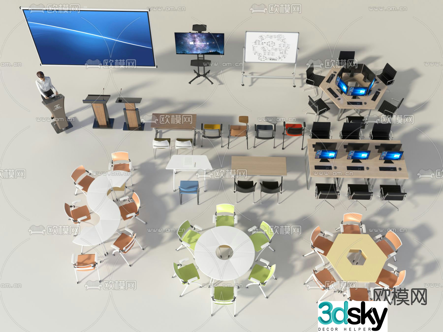 Training tables and chairs podium computer table whiteboard 3D model
