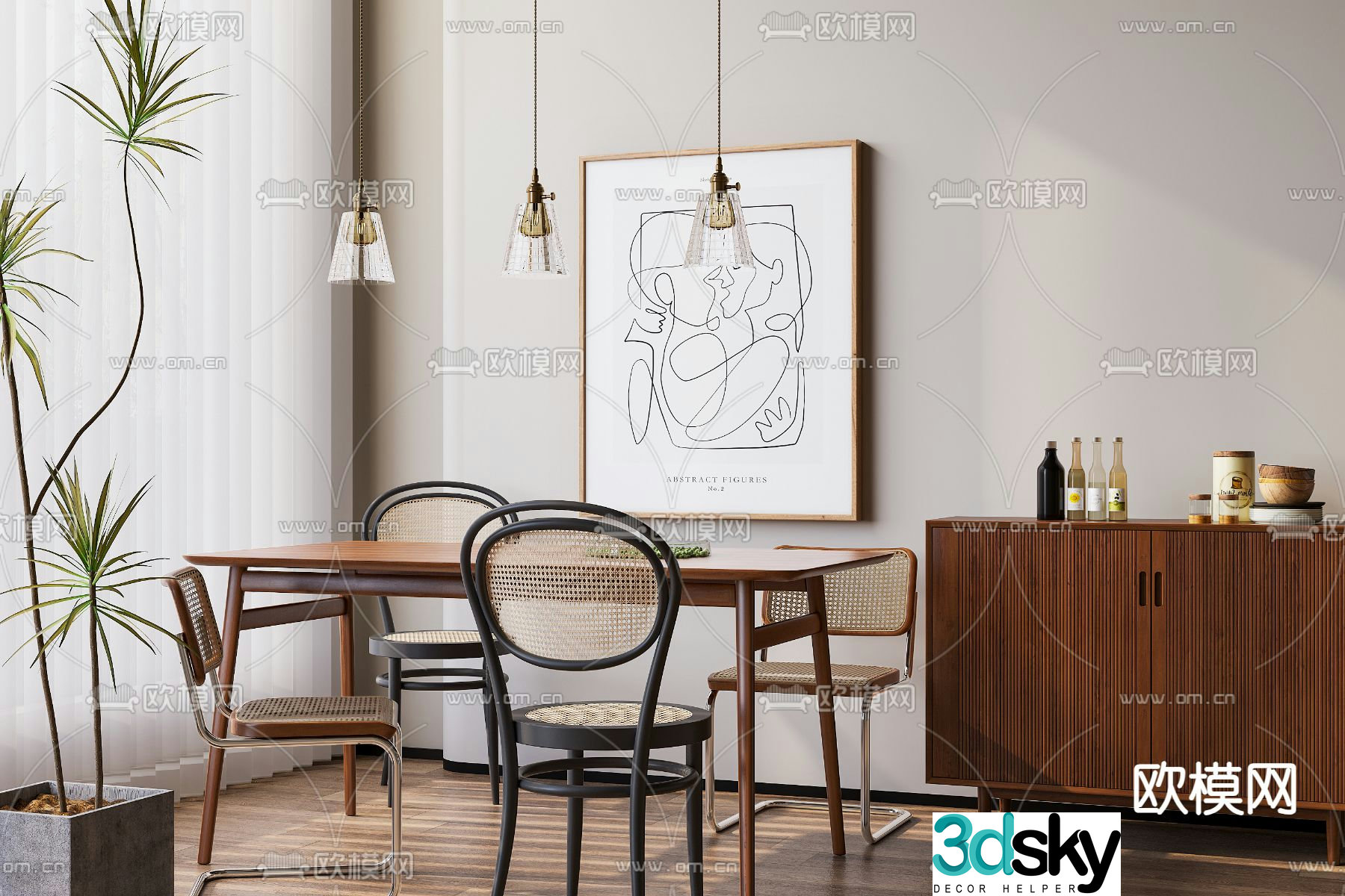 Wabi-sabi dining table and chairs 3d model