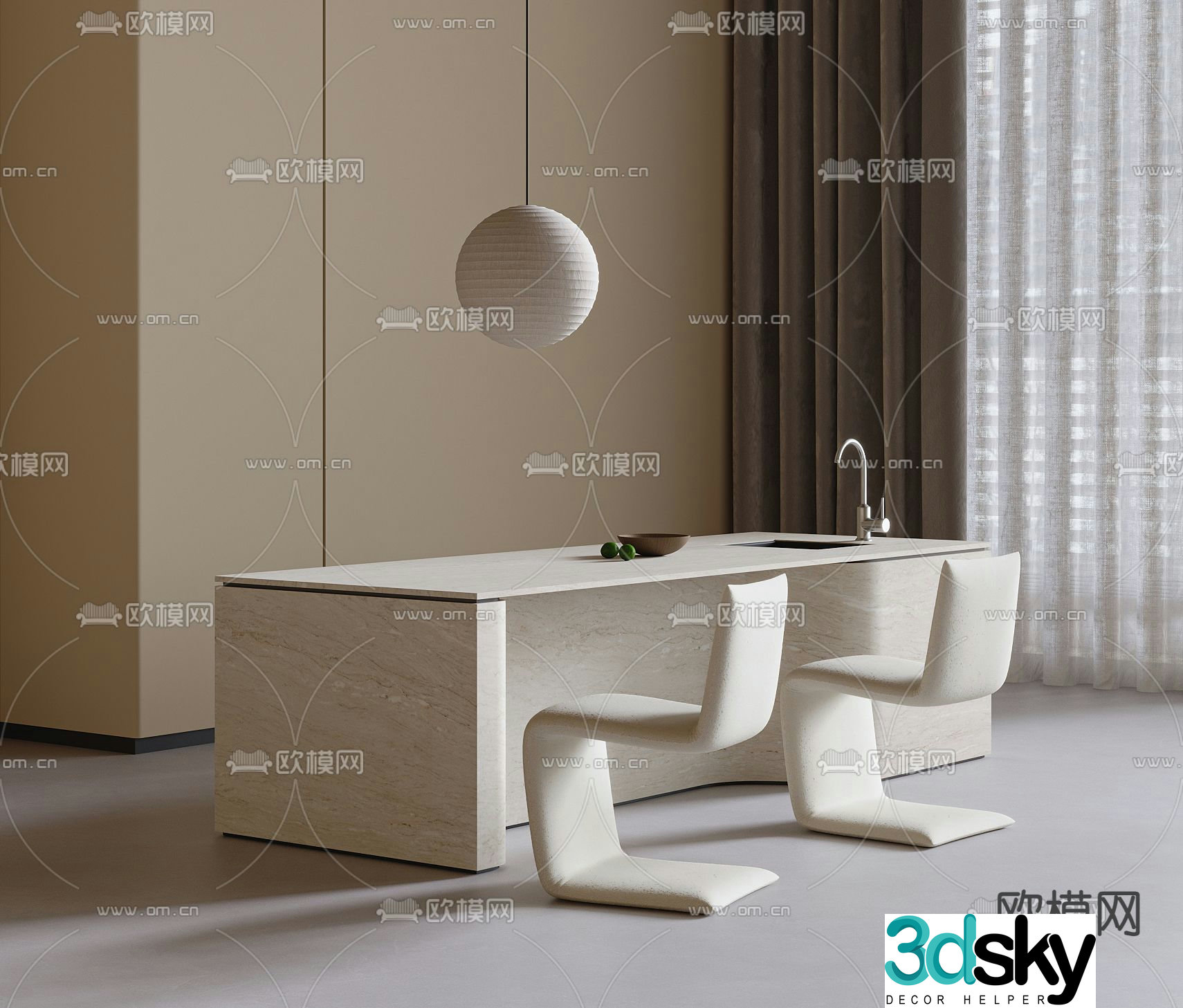 Island dining table and chairs 3d model