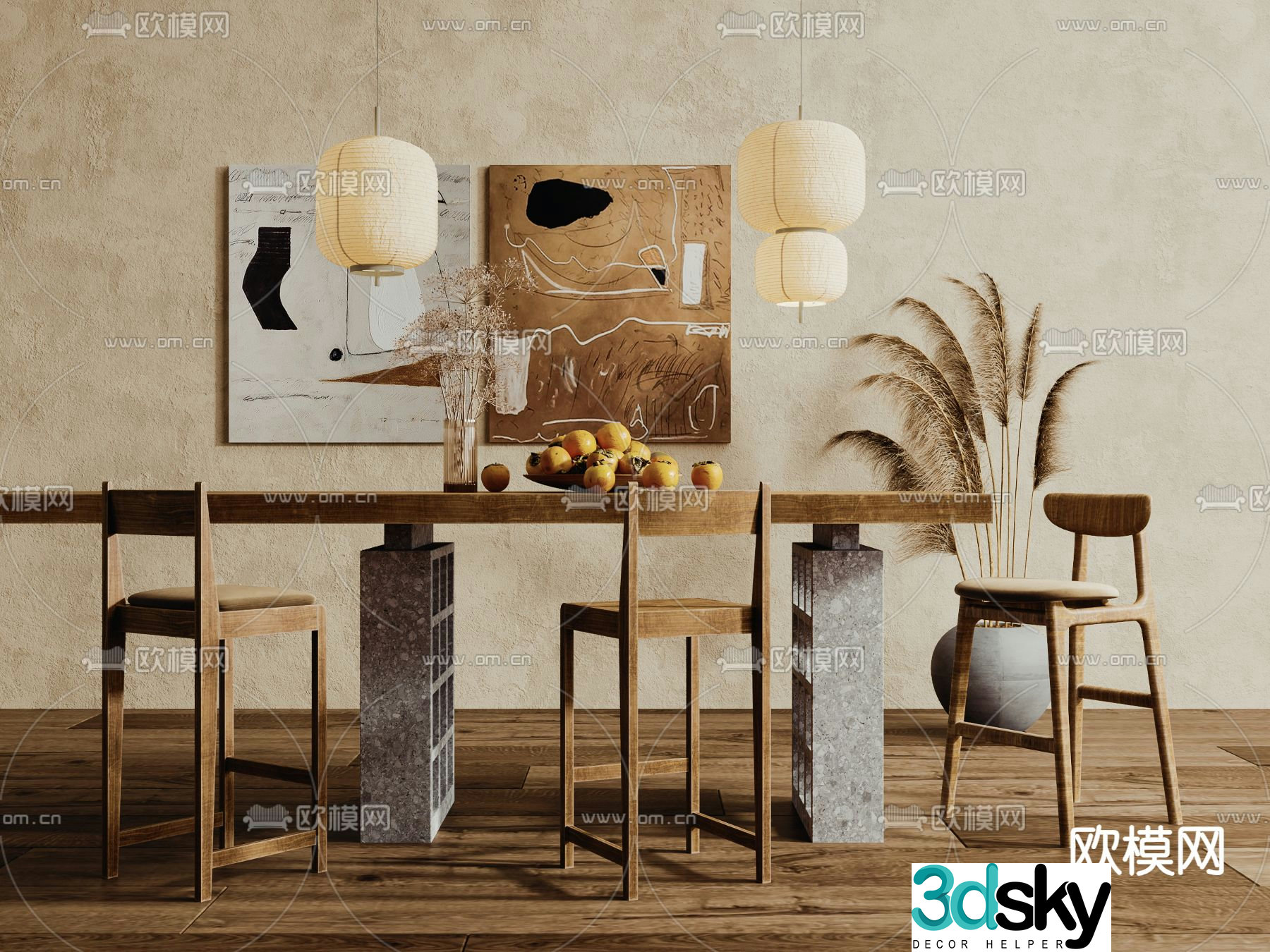 Wabi-sabi style bar stool 3D model