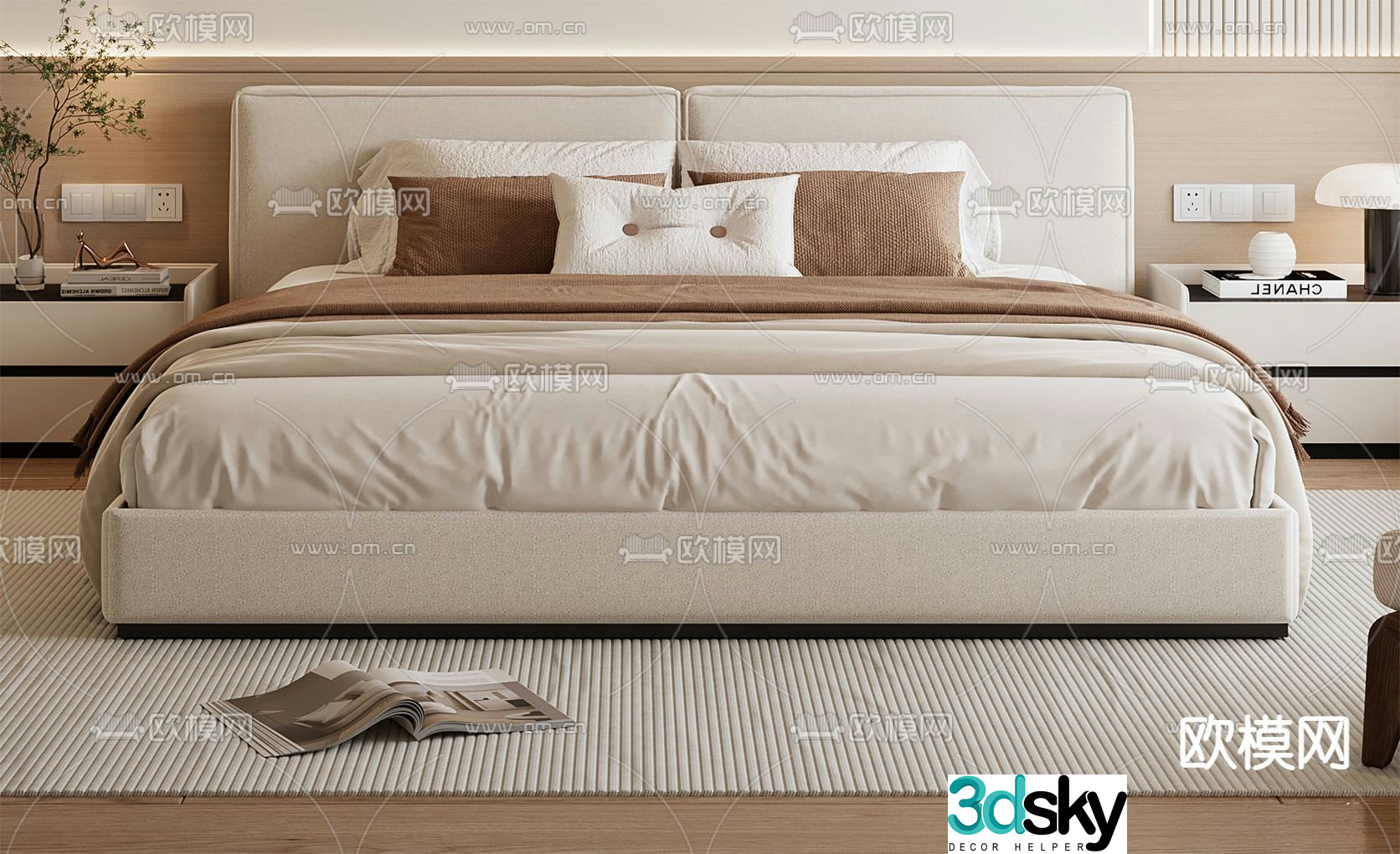 Cream style double bed 3d model
