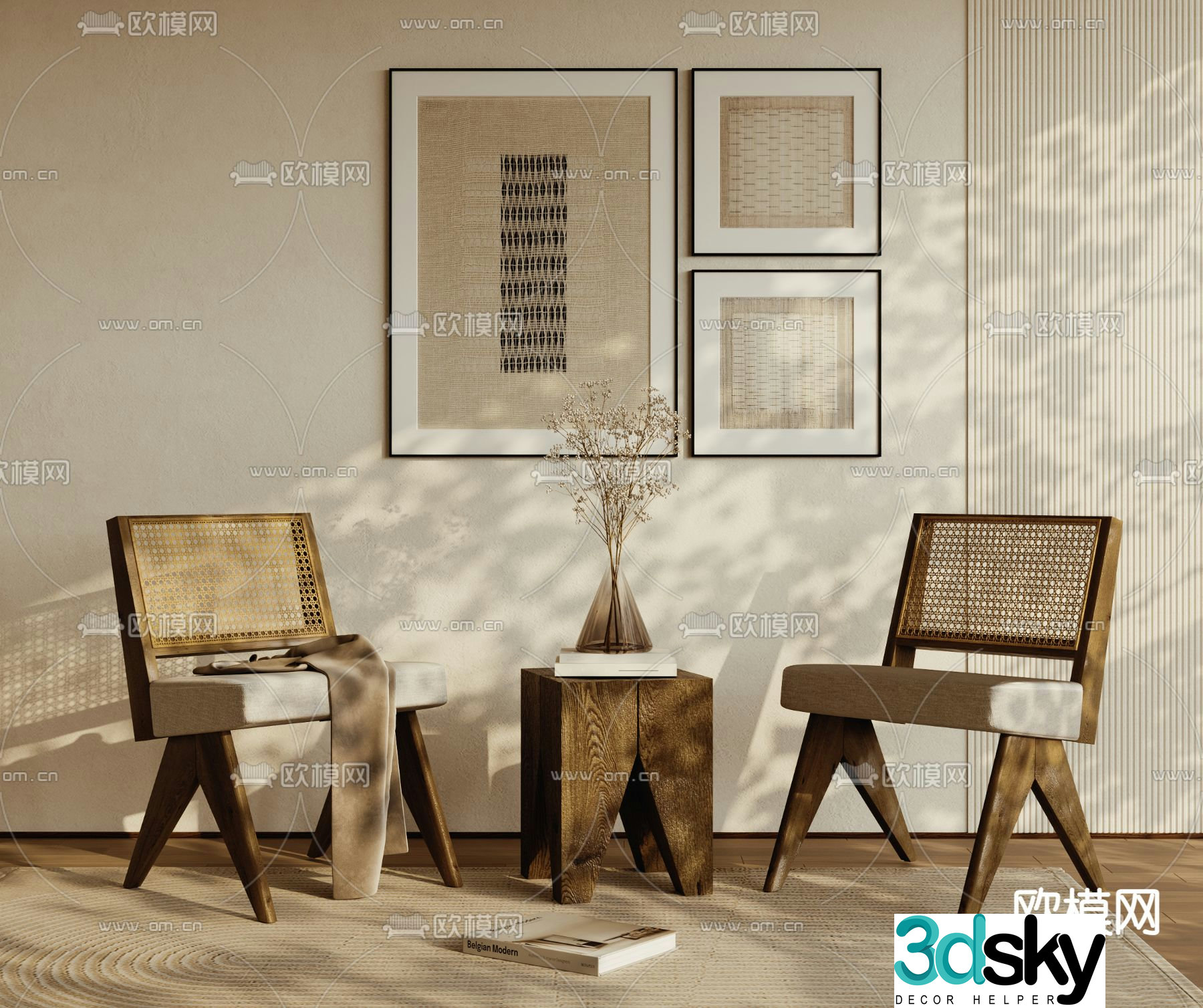 Wabi-sabi style chair leisure table and chair rattan chair 3D model