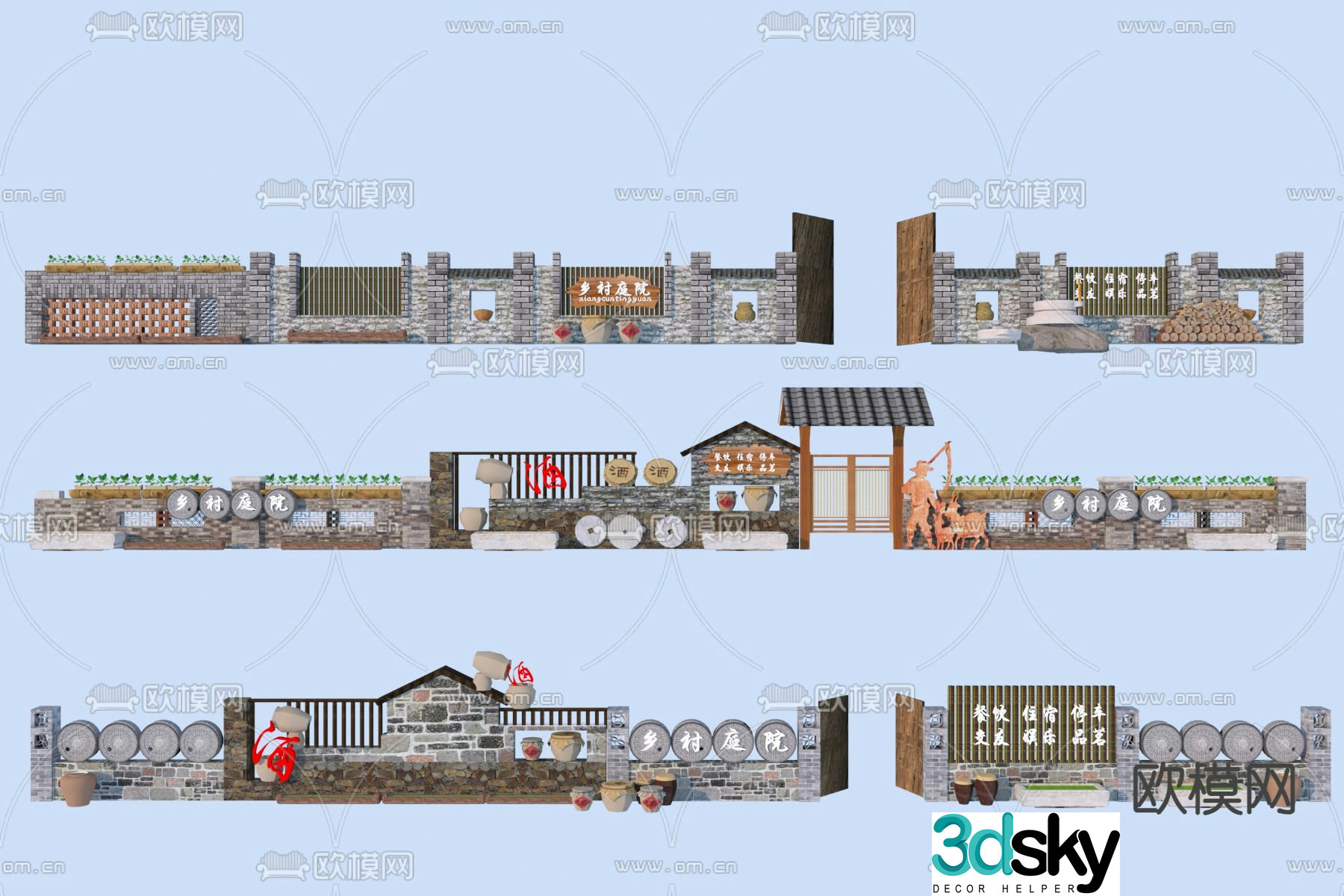 Rural landscape wall fence folk culture wall 3D model