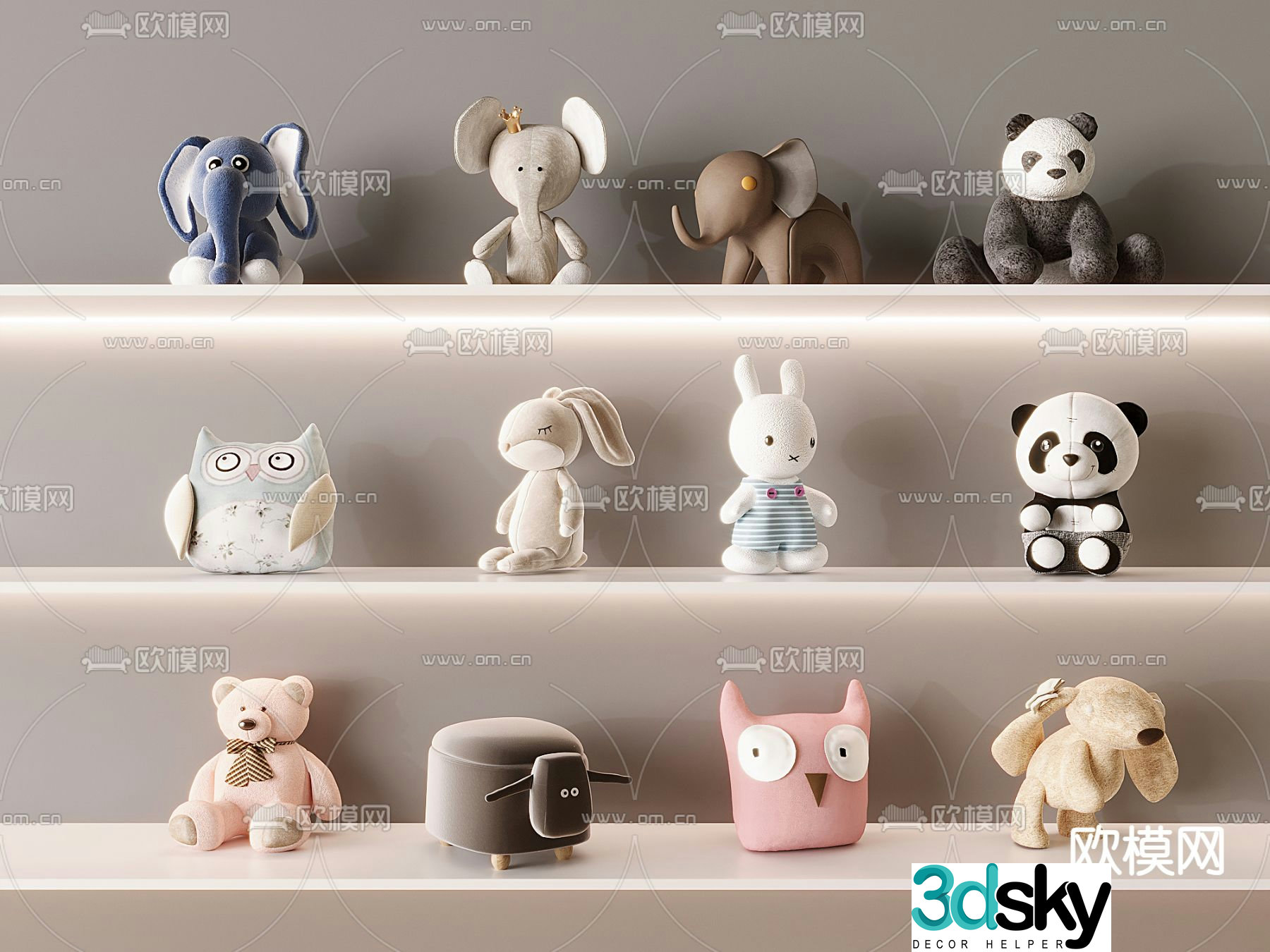 Children’s plush toys teddy bear bunny plush panda owl 3d model
