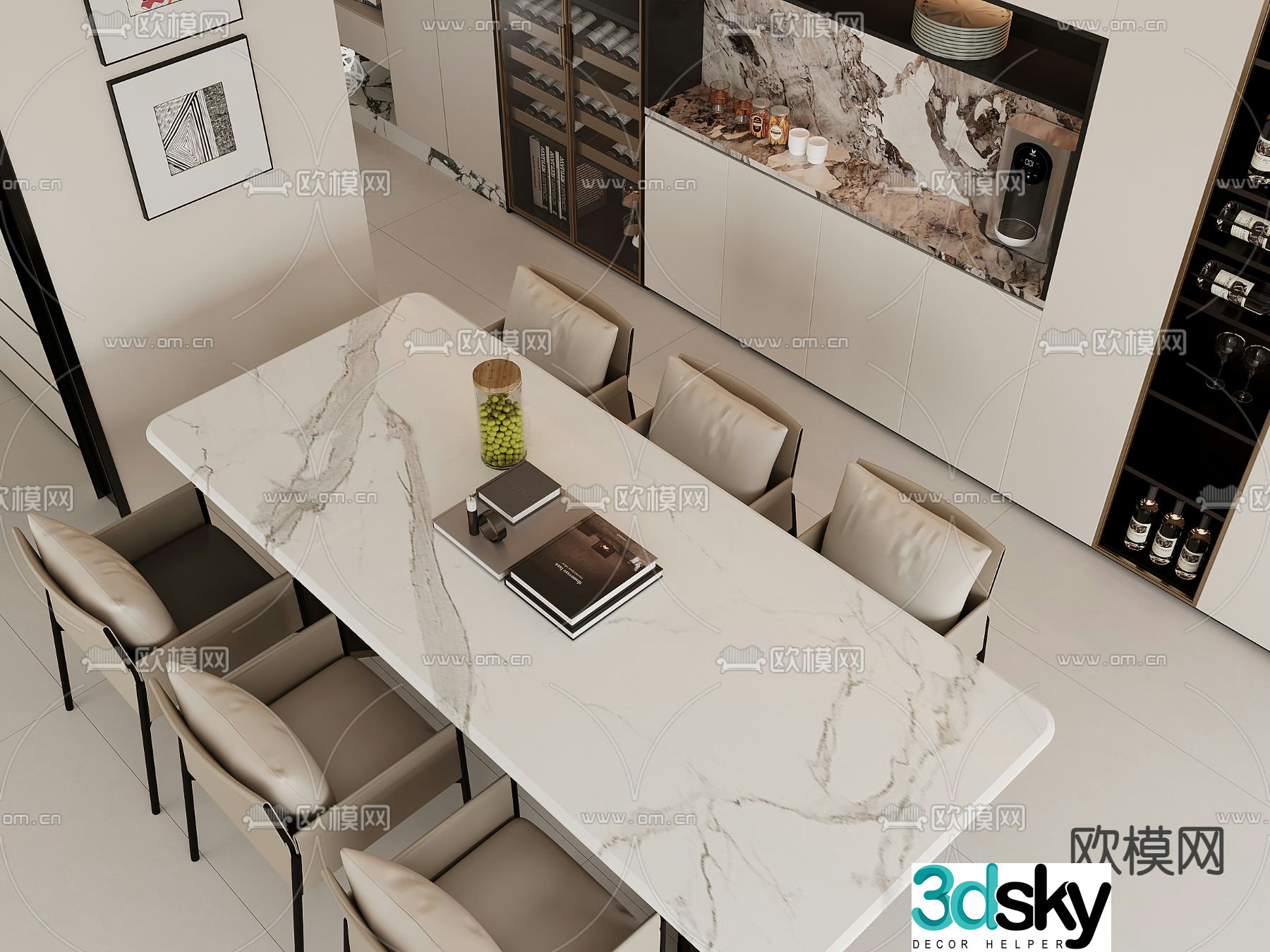 Long dining table and chairs 3d model