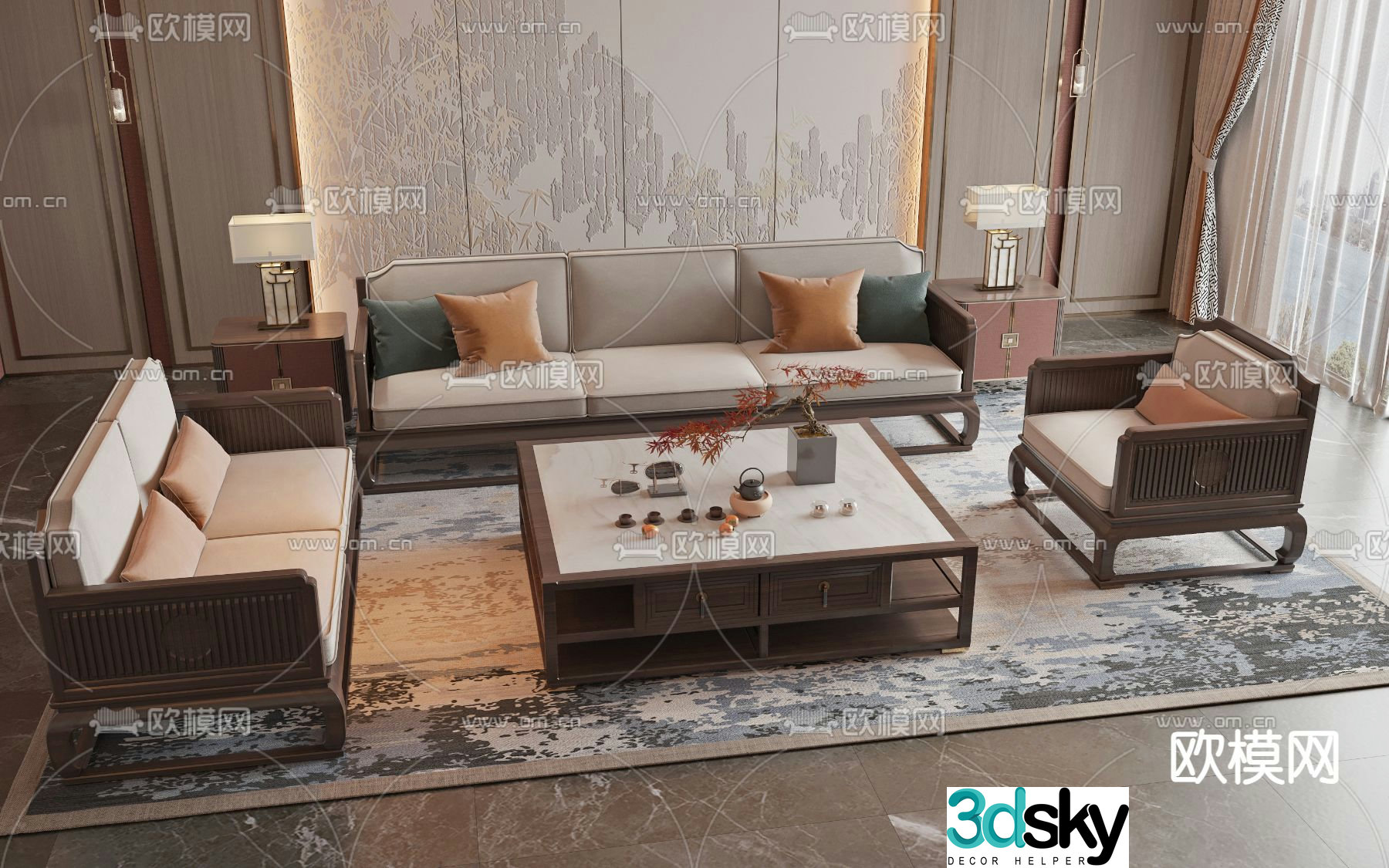 New Chinese style sofa modular sofa 3d model