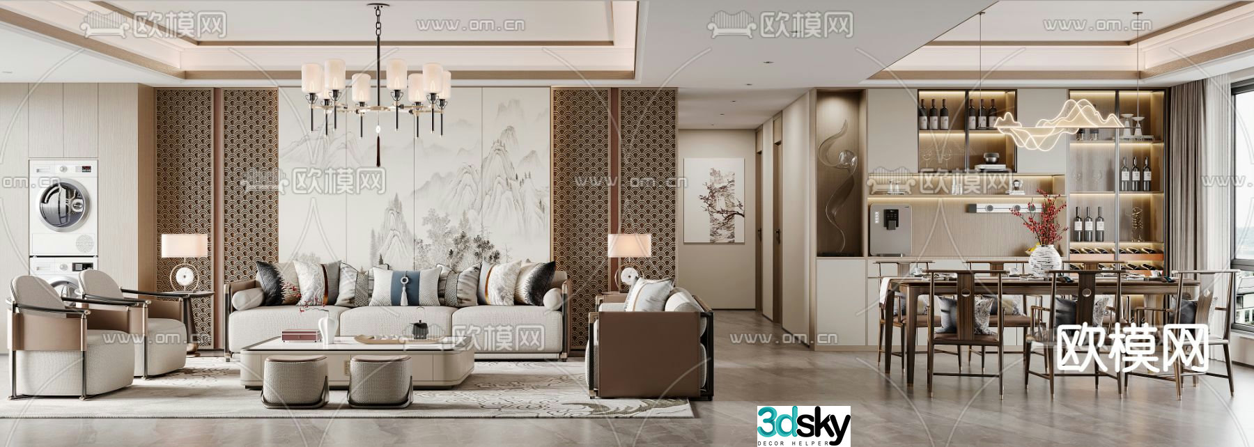 New Chinese style living and dining room 3D model