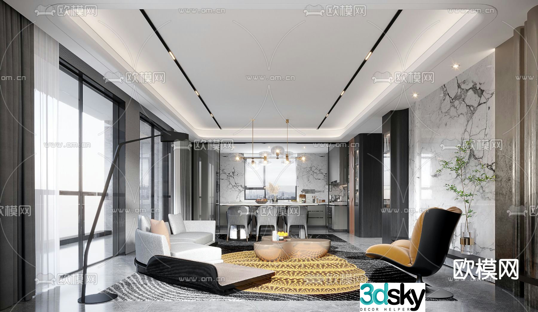Modern living and dining room 3d model