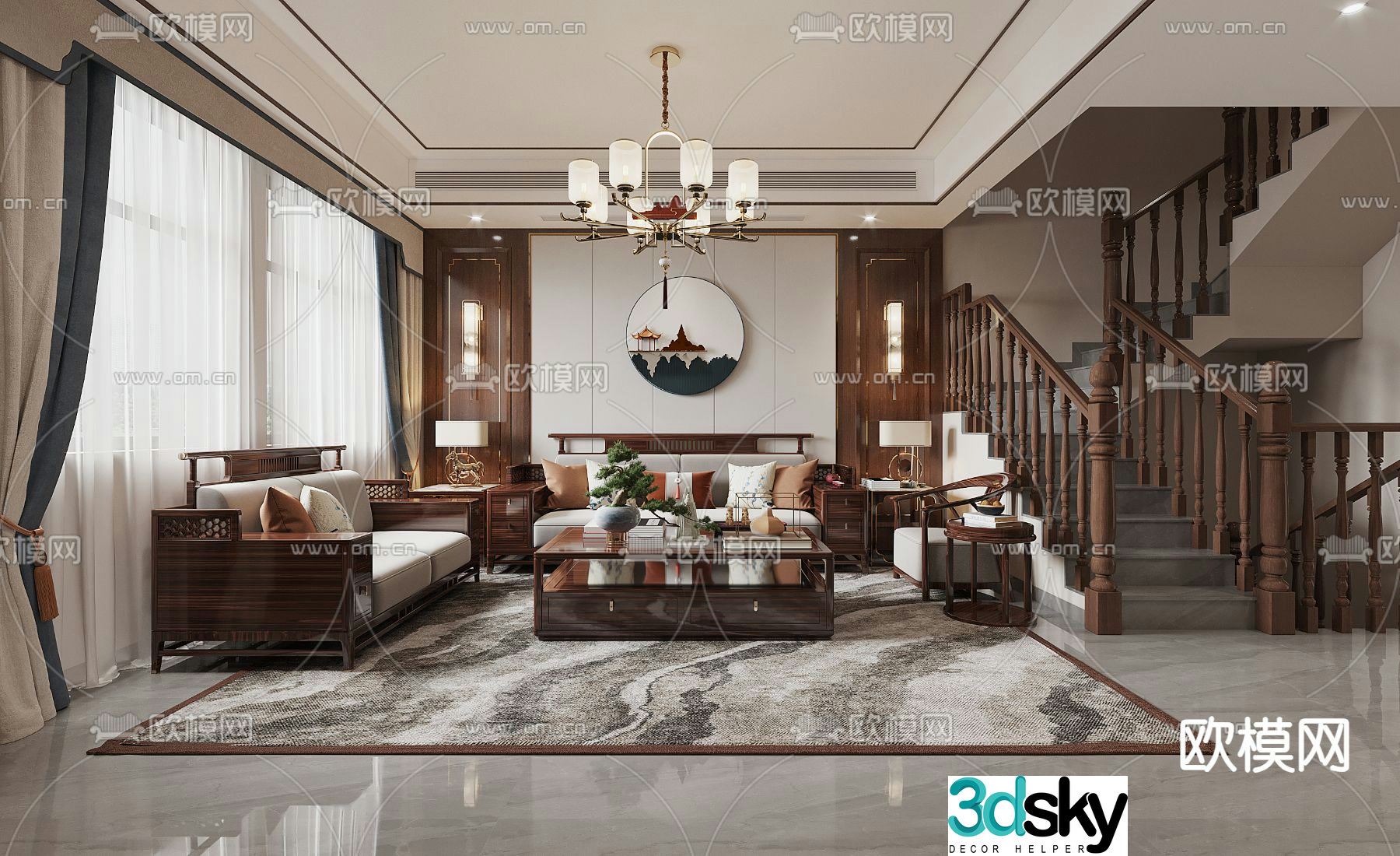 New Chinese living room Duplex living room 3D model