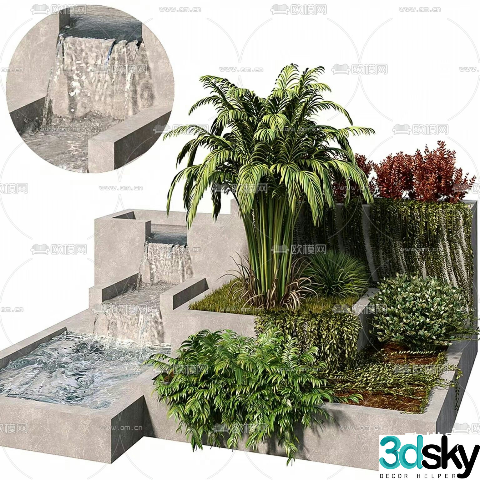 Gardening sketch running water fountain plant pile 3D model