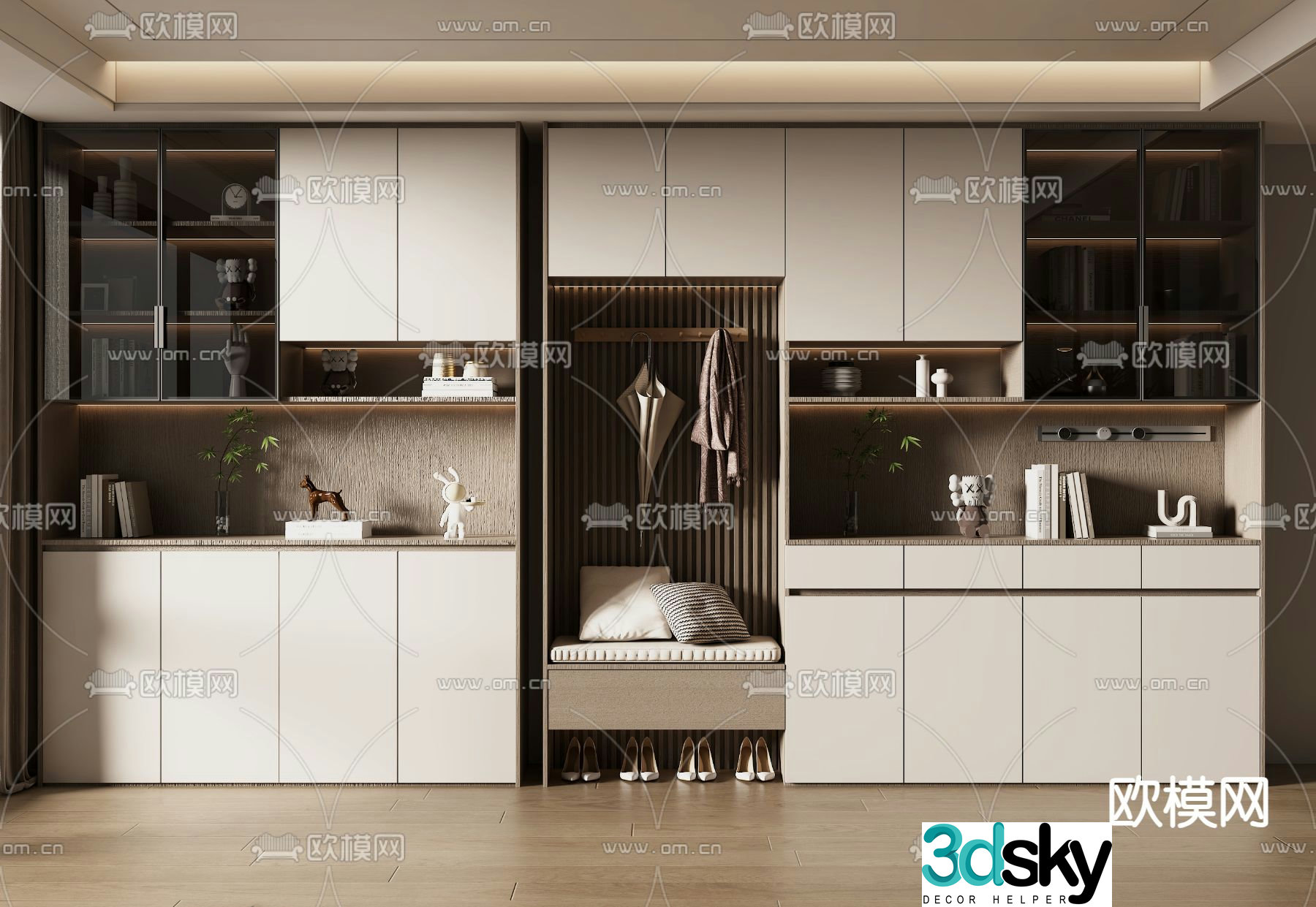 Entrance shoe cabinet and shoe changing stool 3D model