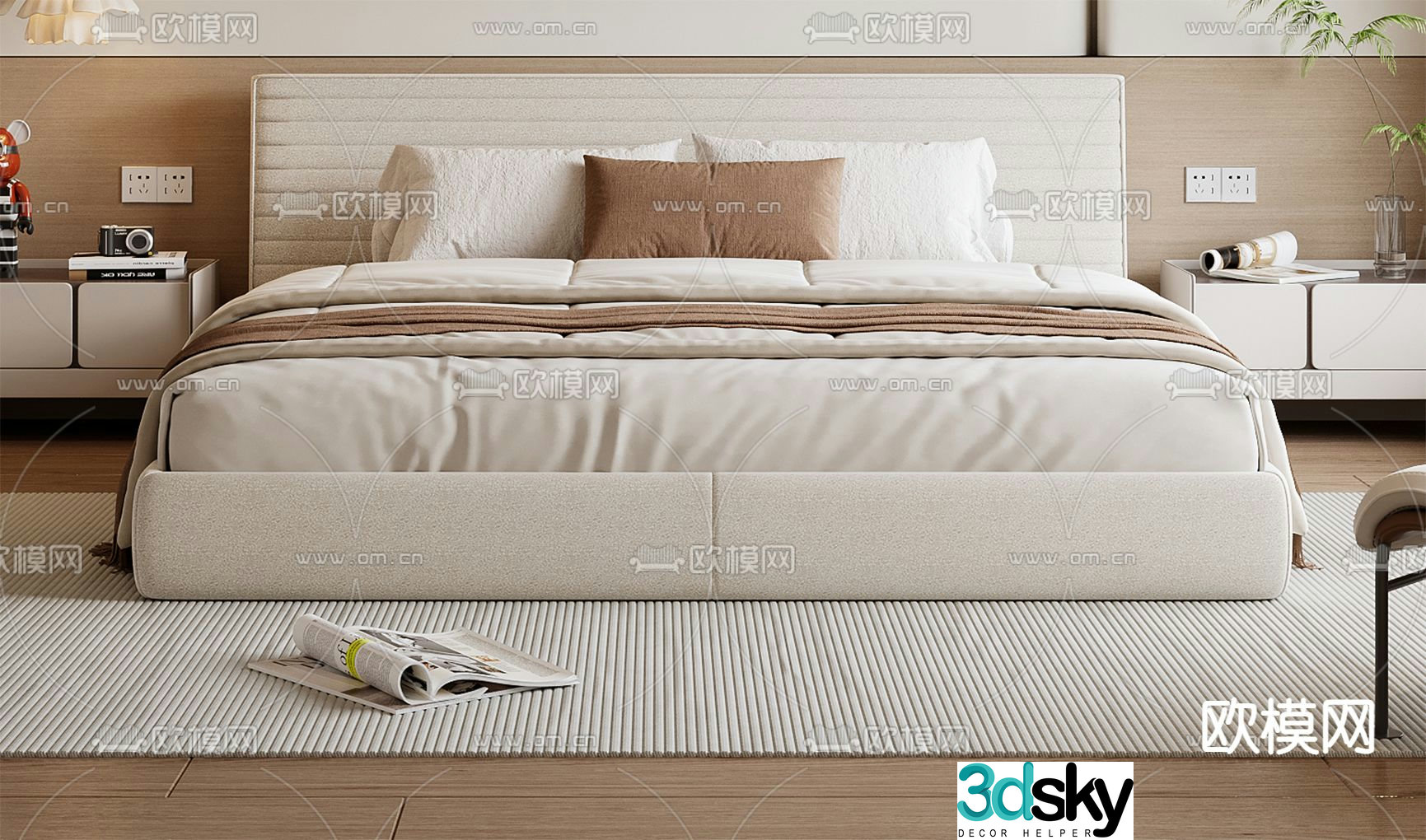 Cream style double bed 3d model