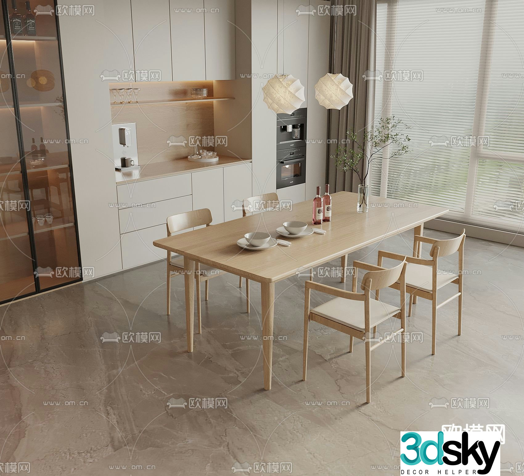 Nordic dining table and chairs strip dining table 3D model