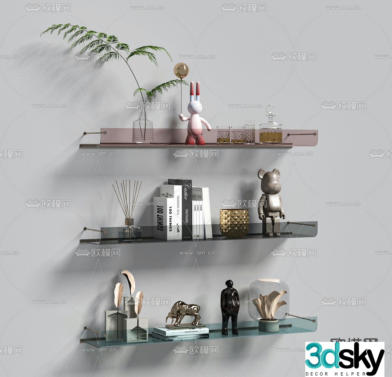 Glass hanging cabinet wall-mounted bookshelf storage rack 3D model