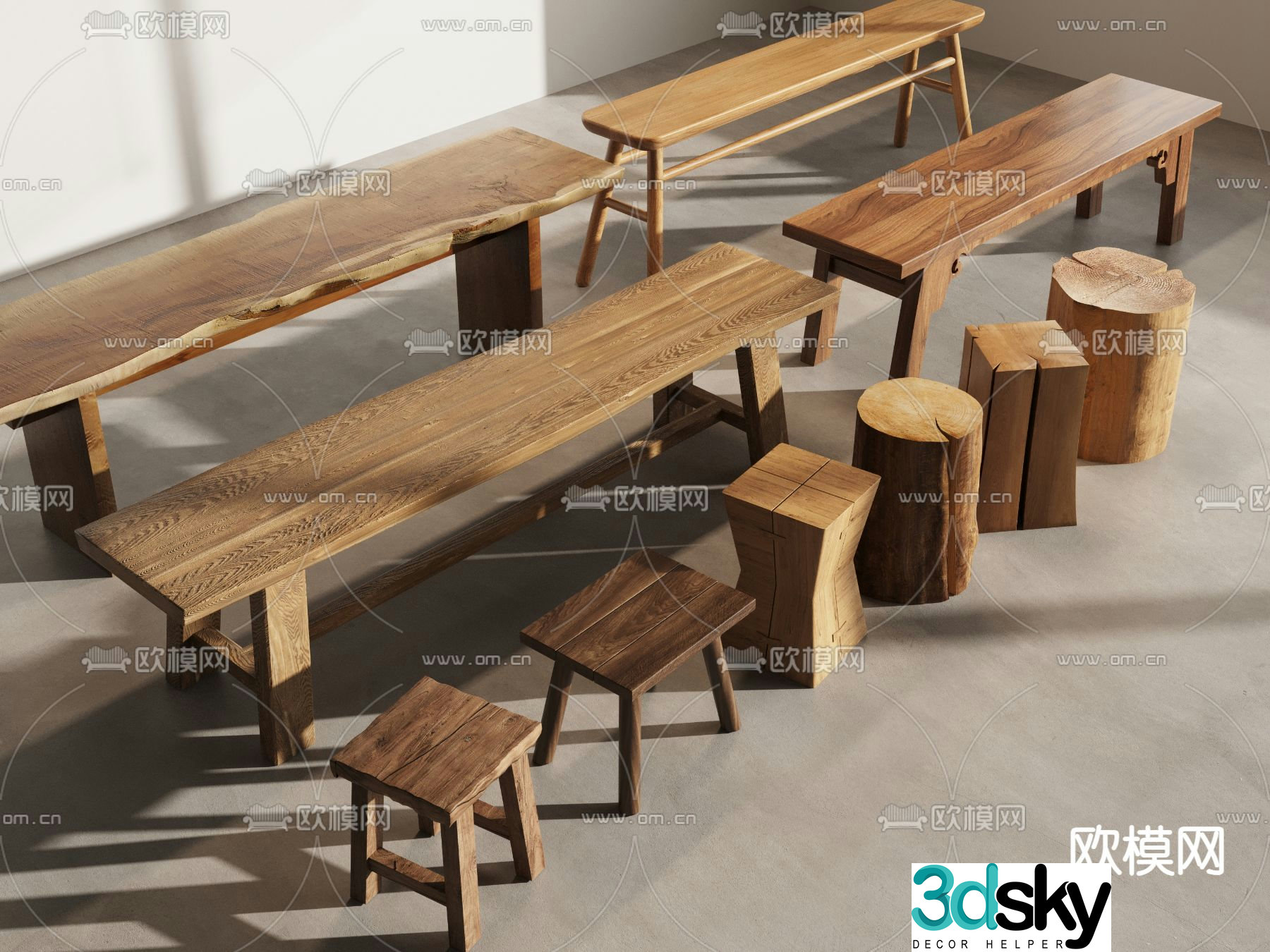 Chinese stool bench round stool square stool wooden pile 3D model