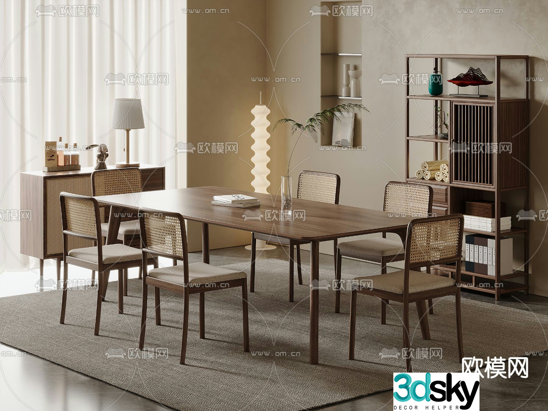 Wabi-sabi dining table and chairs strip dining table 3d model