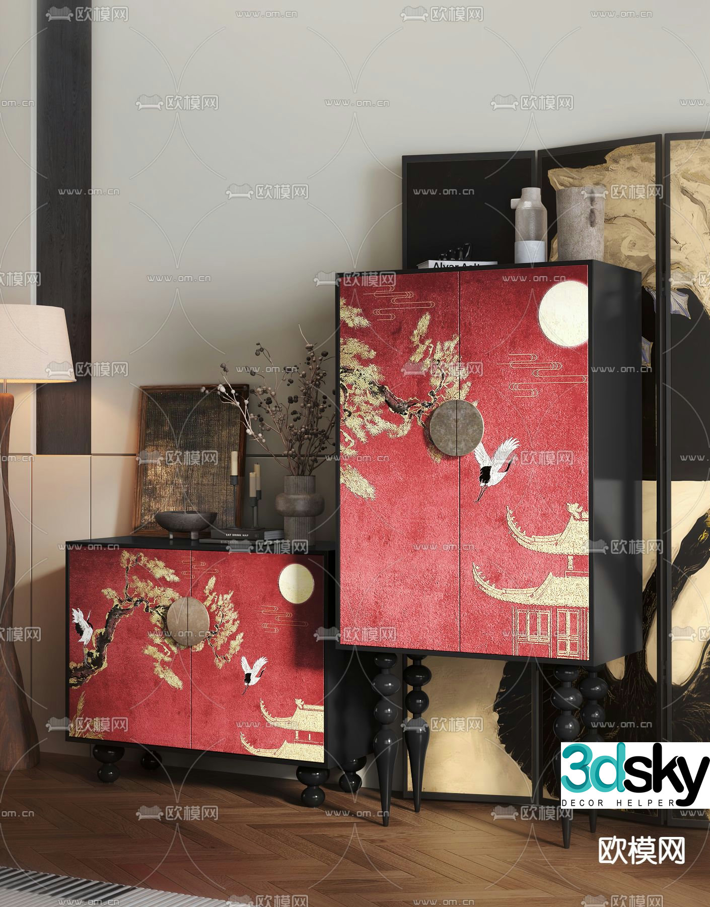 Middle-aged style side cabinet 3D model