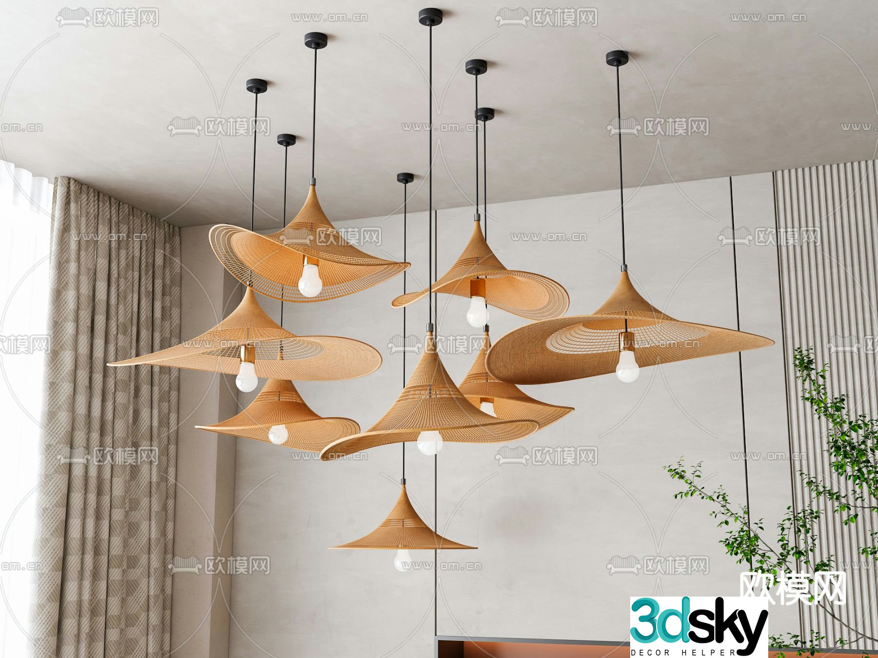 Wabi-sabi style chandelier straw hat chandelier 3d model