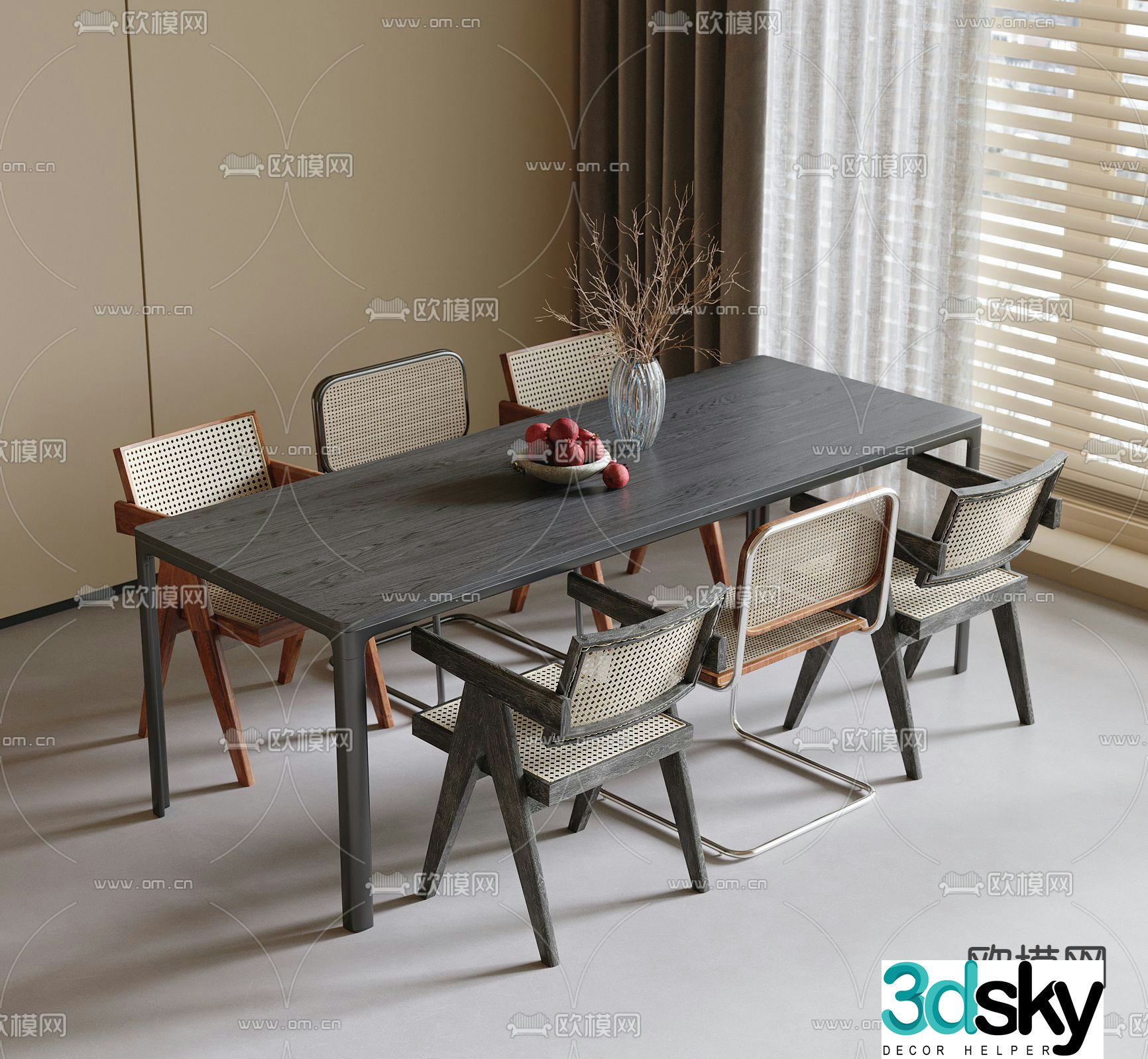 3D model of strip dining table and chair