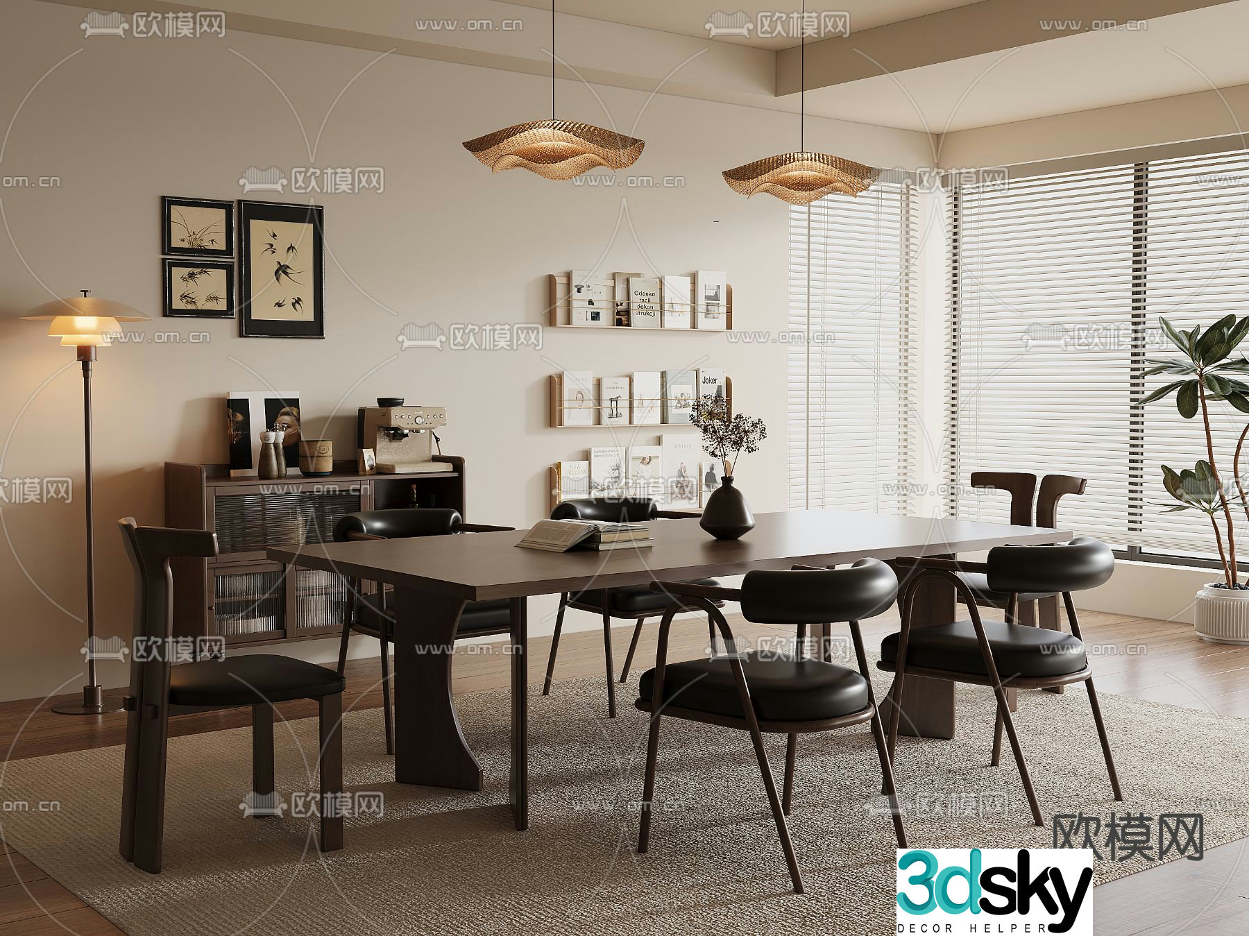 Medium style dining table and chairs strip dining table 3D model