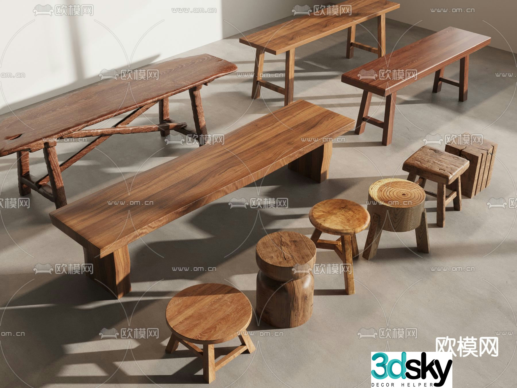 Chinese stool bench round stool square stool wooden pile 3D model