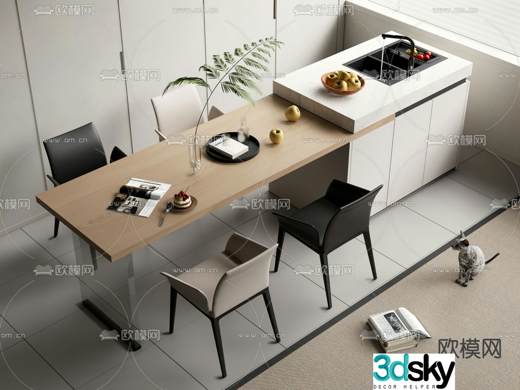 Island dining table and chairs 3d model