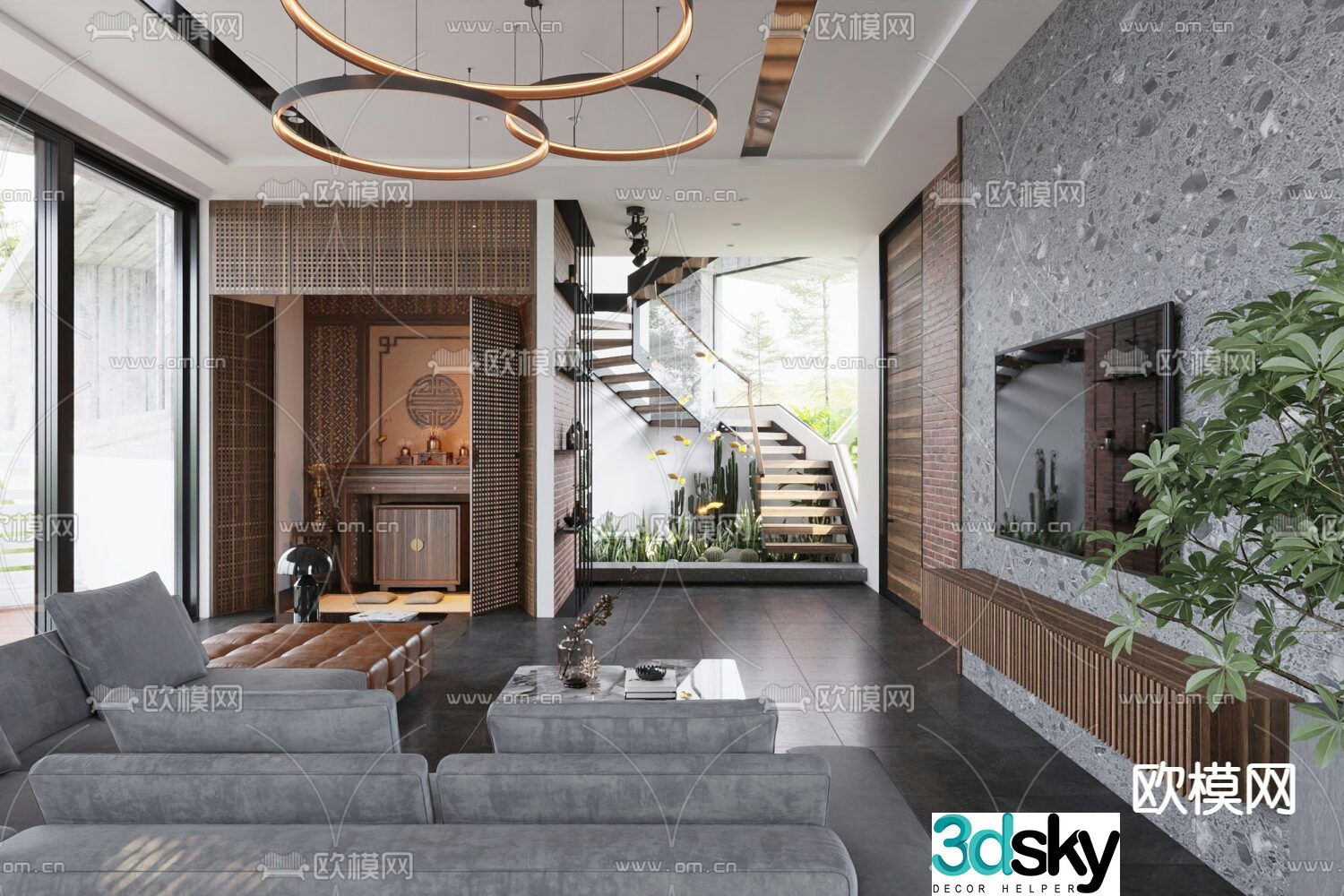 Modern living and dining room villa living room 3d model