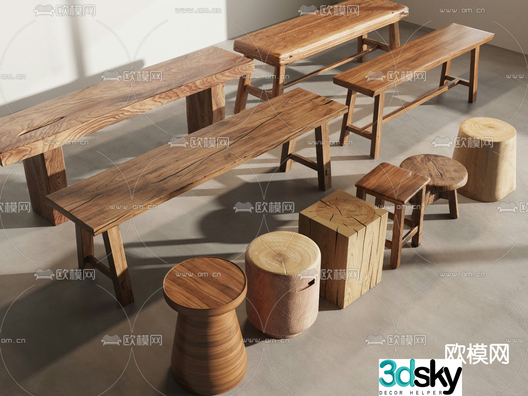 Chinese stool bench round stool square stool wooden pile 3D model