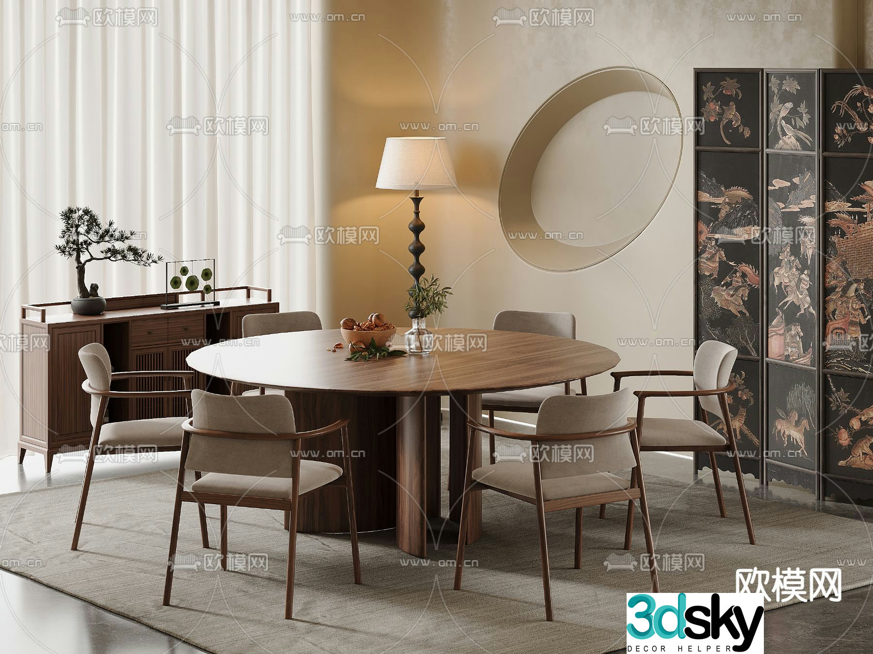 Wabi-sabi dining table and chairs round dining table 3d model