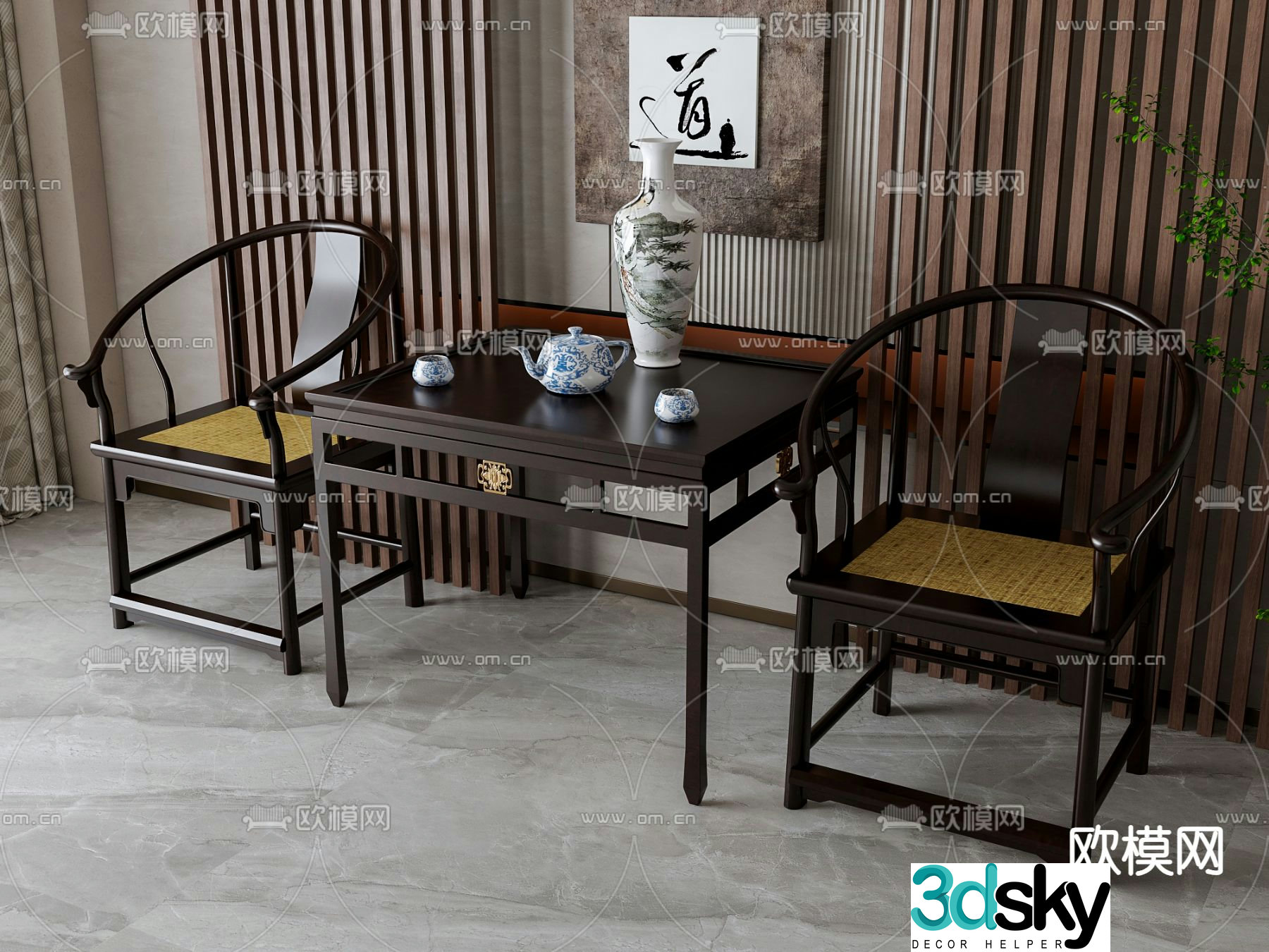 New Chinese style leisure table and chair armchair 3d model