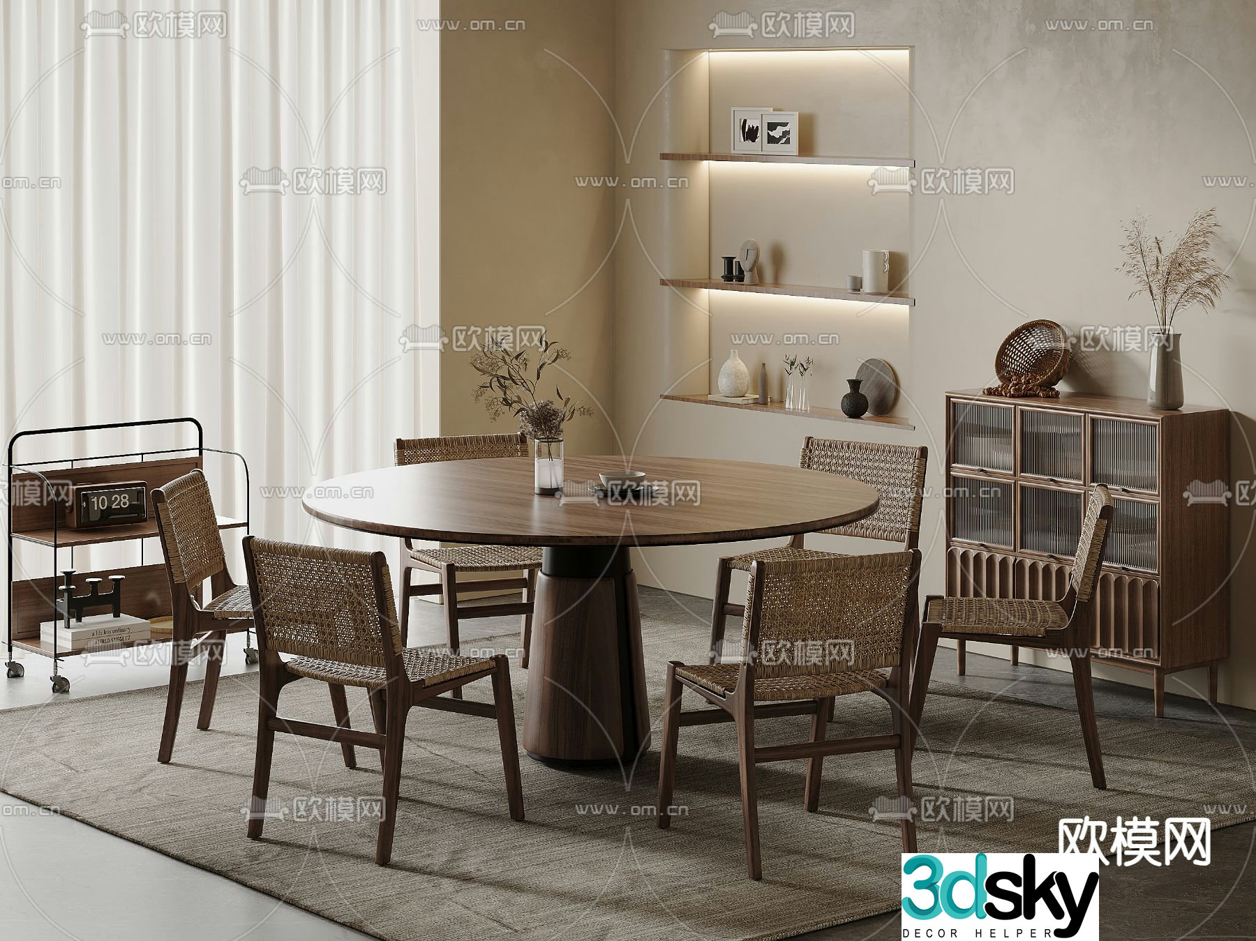 Wabi-sabi dining table and chairs round dining table 3d model