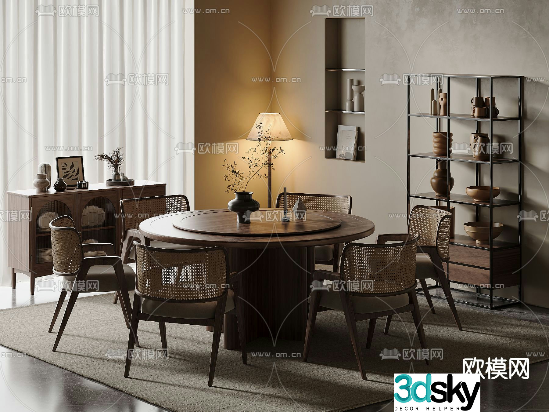 Wabi-sabi dining table and chairs round dining table 3d model