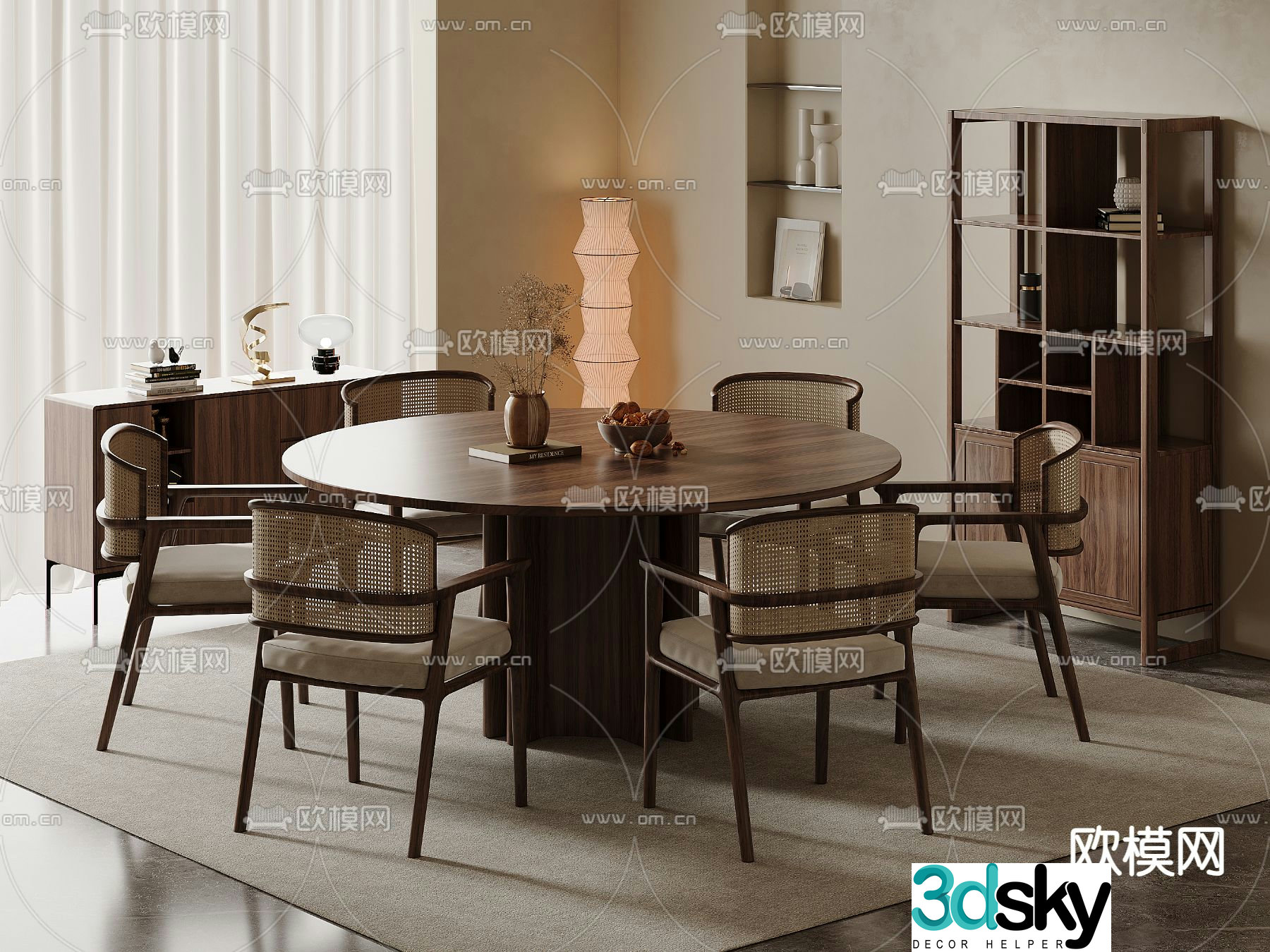 Medieval style dining table and chairs round dining table 3D model