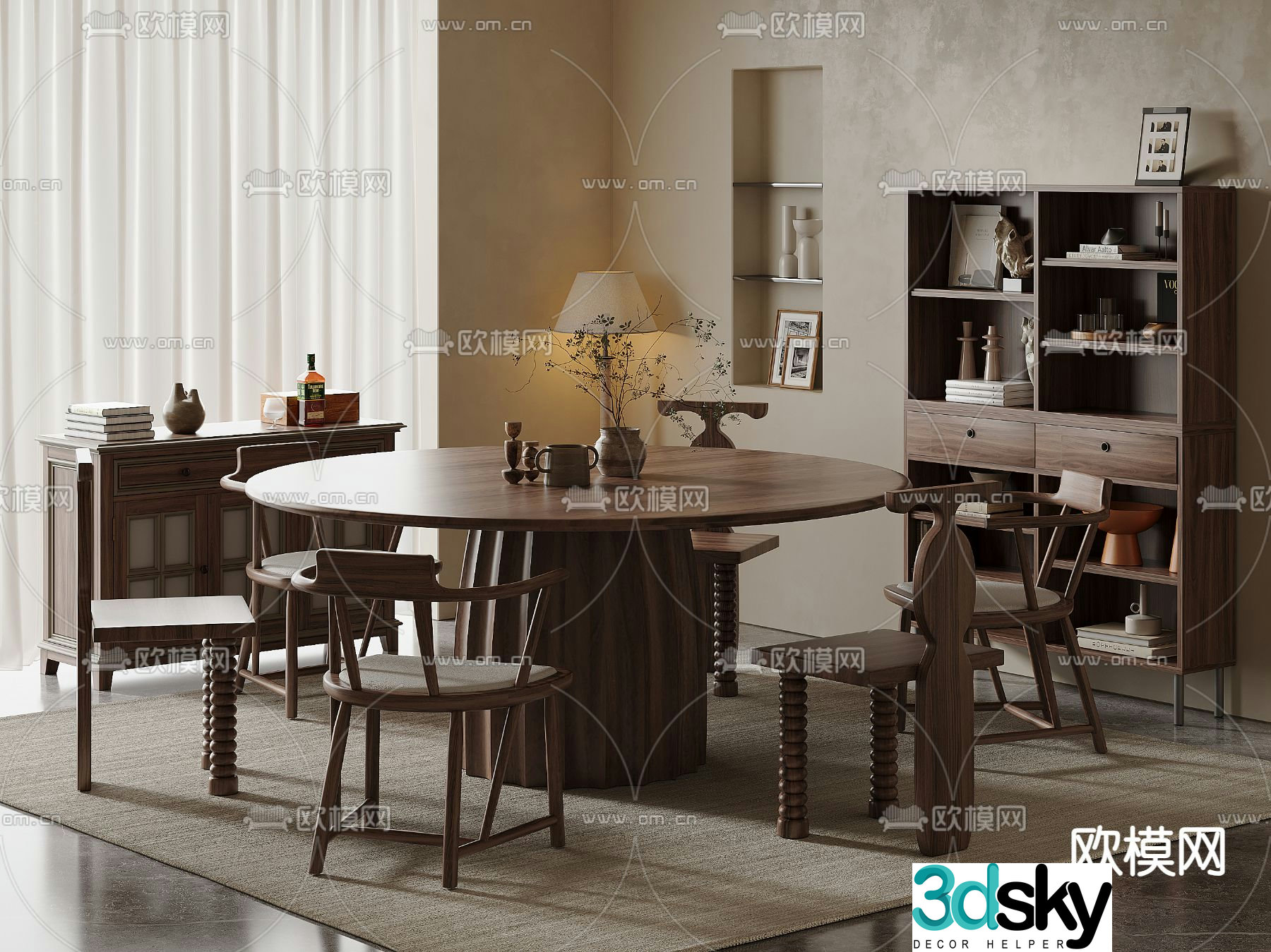 Wabi-sabi dining table and chairs round dining table 3d model