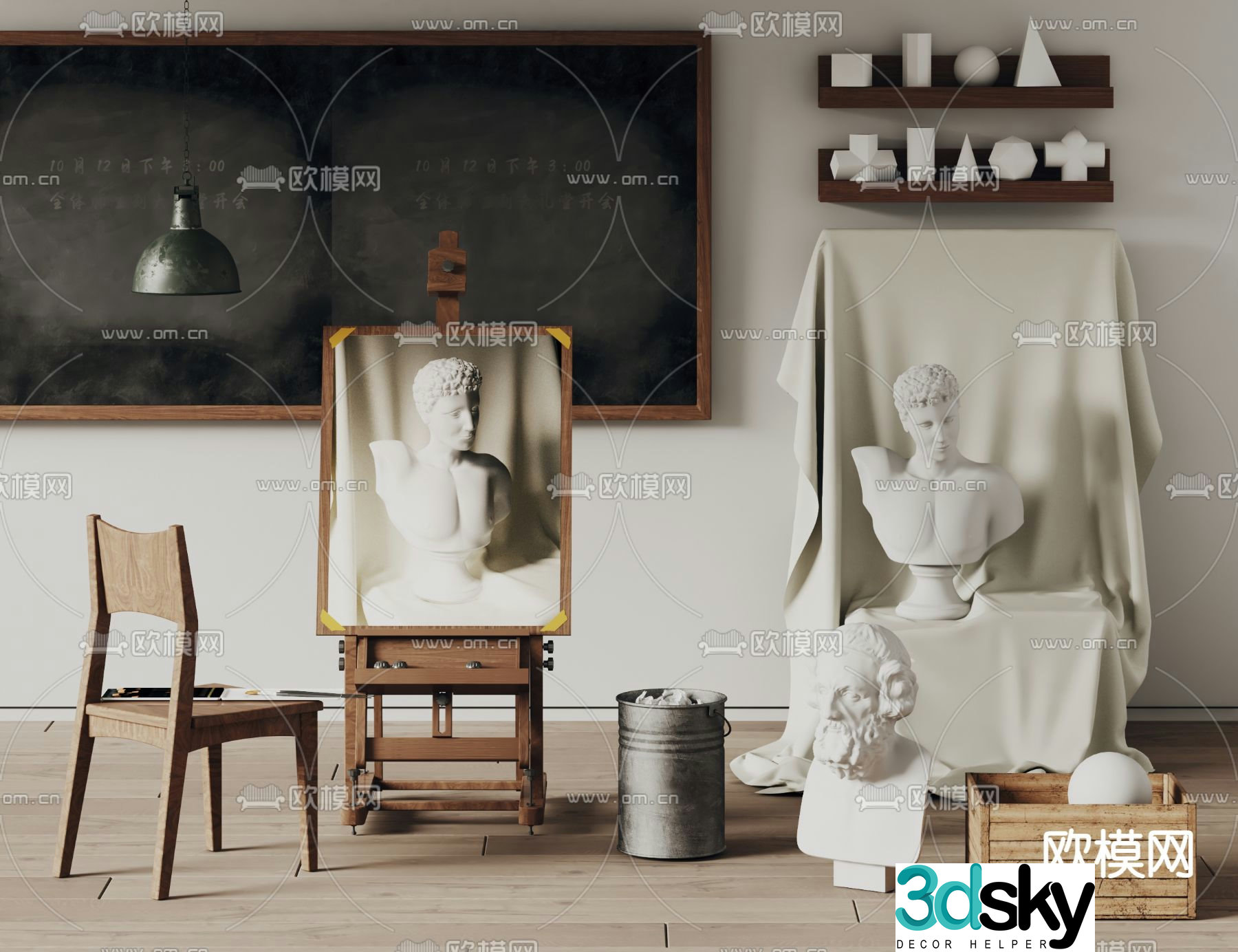 Easel plaster statue painting tools blackboard sketch 3d model
