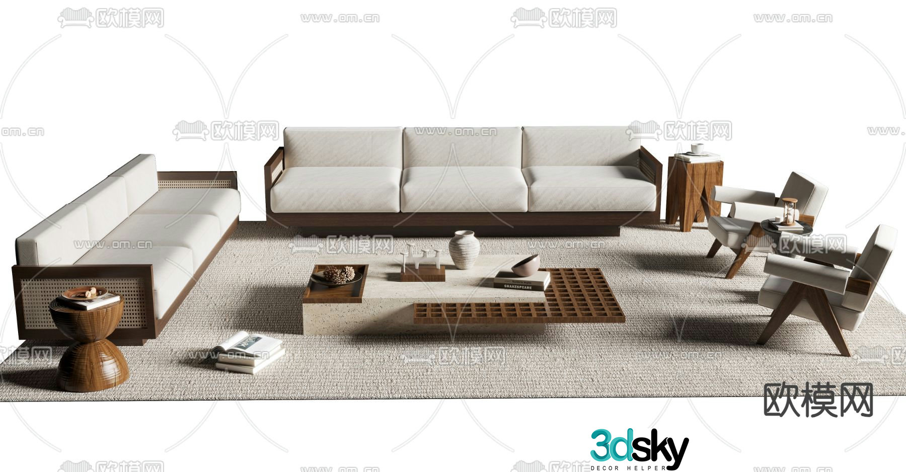 Wabi-sabi style sofa modular sofa three-person sofa 3D model