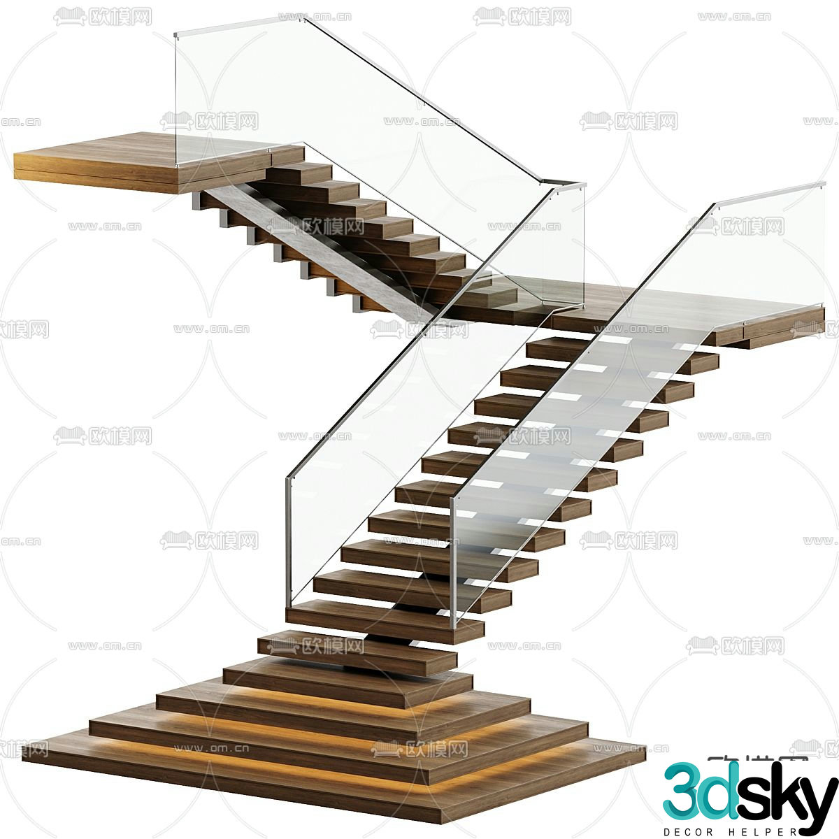Right angle stairs wooden stairs 3d model