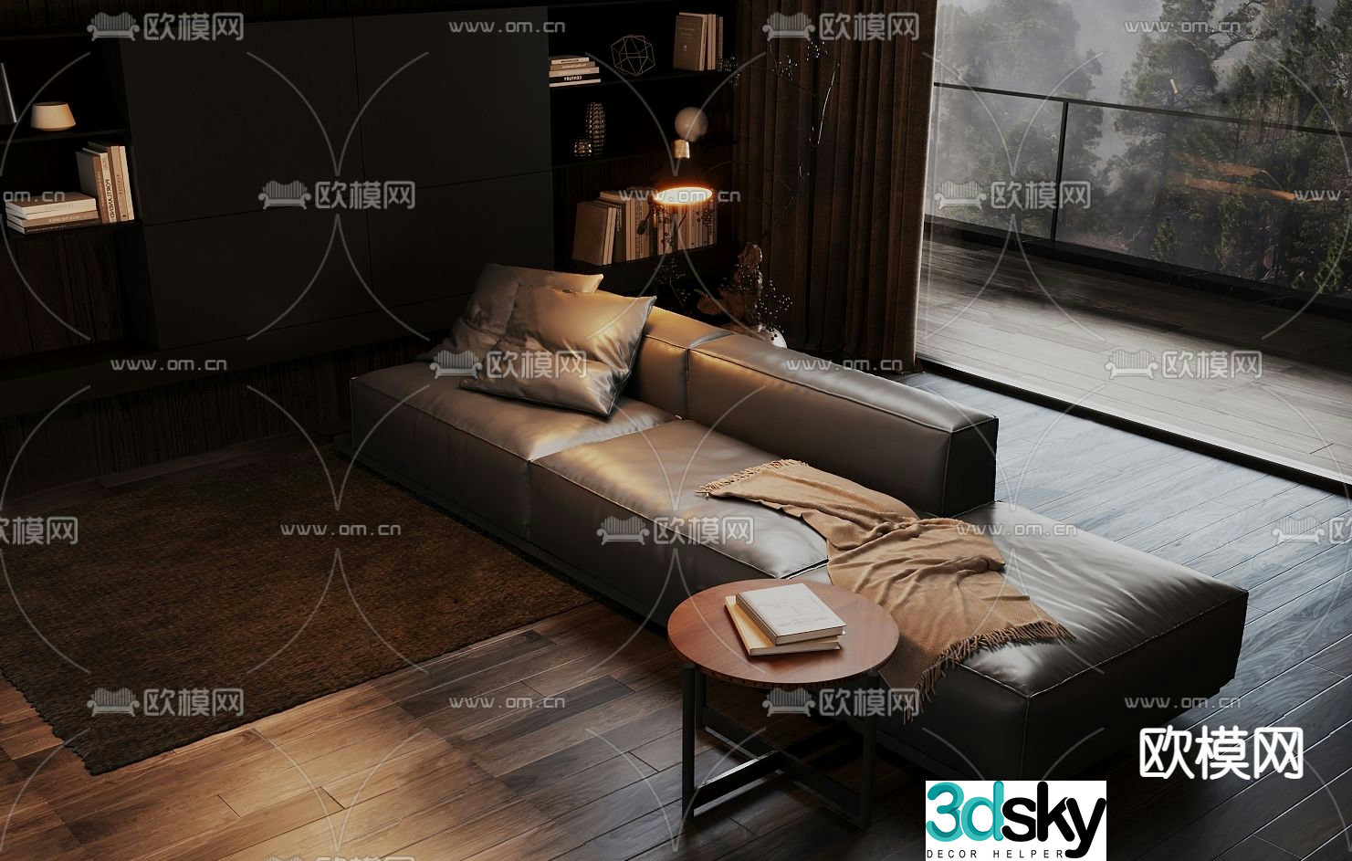 Dark style sofa three person sofa leather sofa 3d model