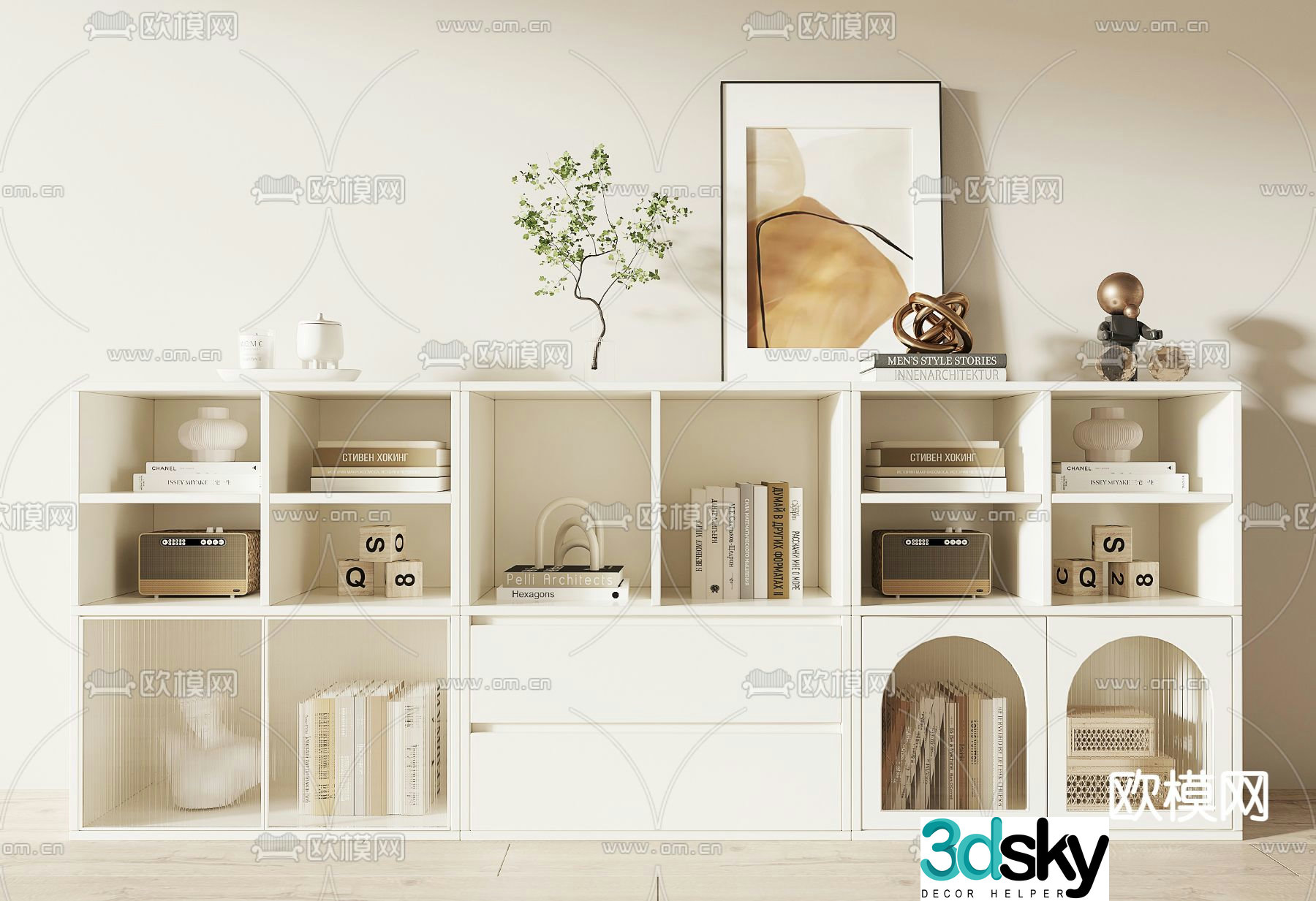 Cream style bookcase low cabinet 3d model
