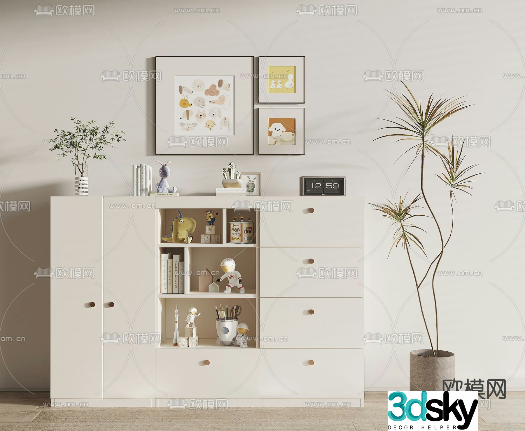 Creamy wind bookcase low cabinet 3d model