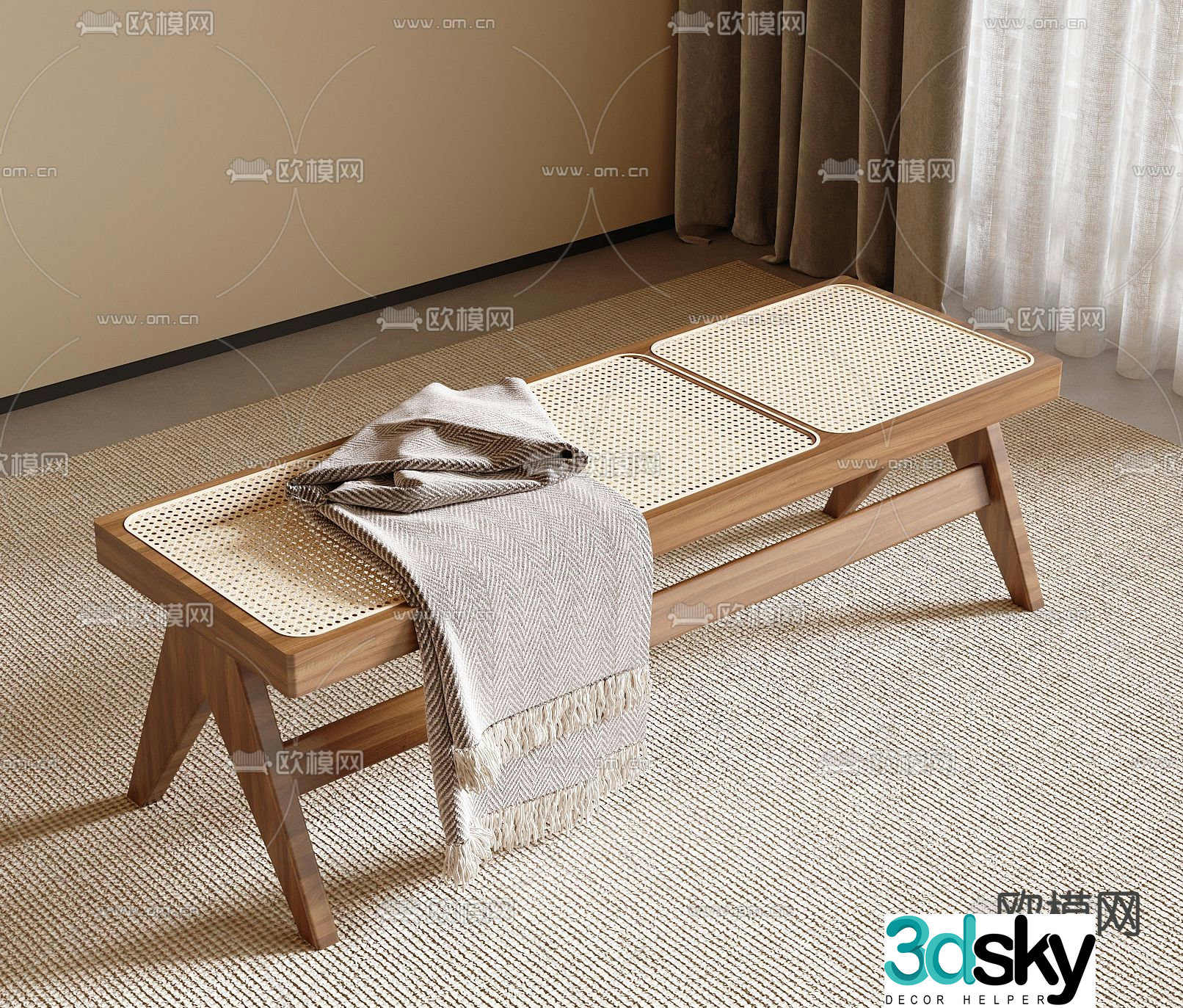 Wabi-sabi style bench bed end stool 3d model