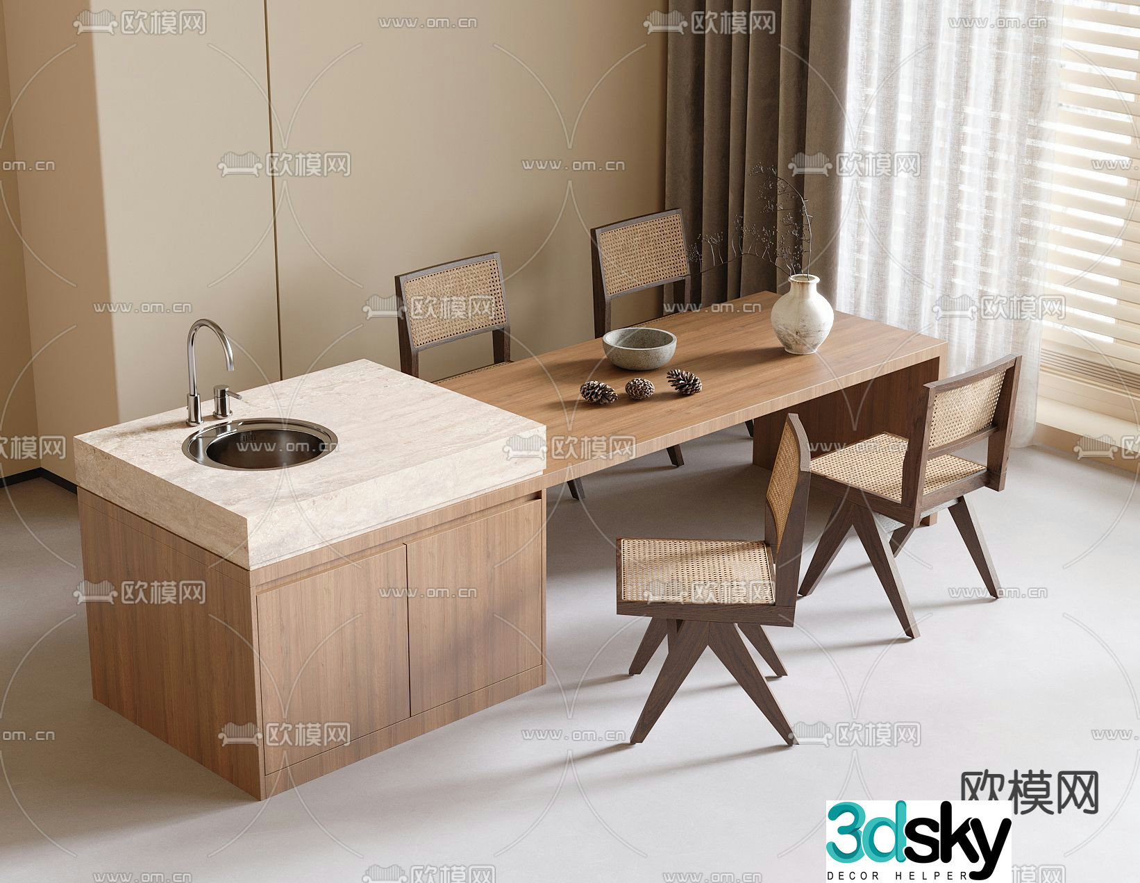 Medieval style island dining table and chairs 3D model