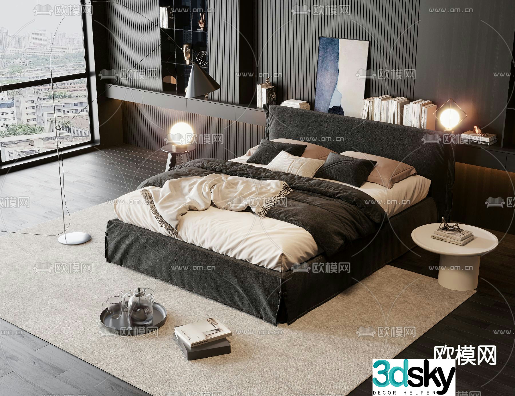 Dark style double bed 3d model
