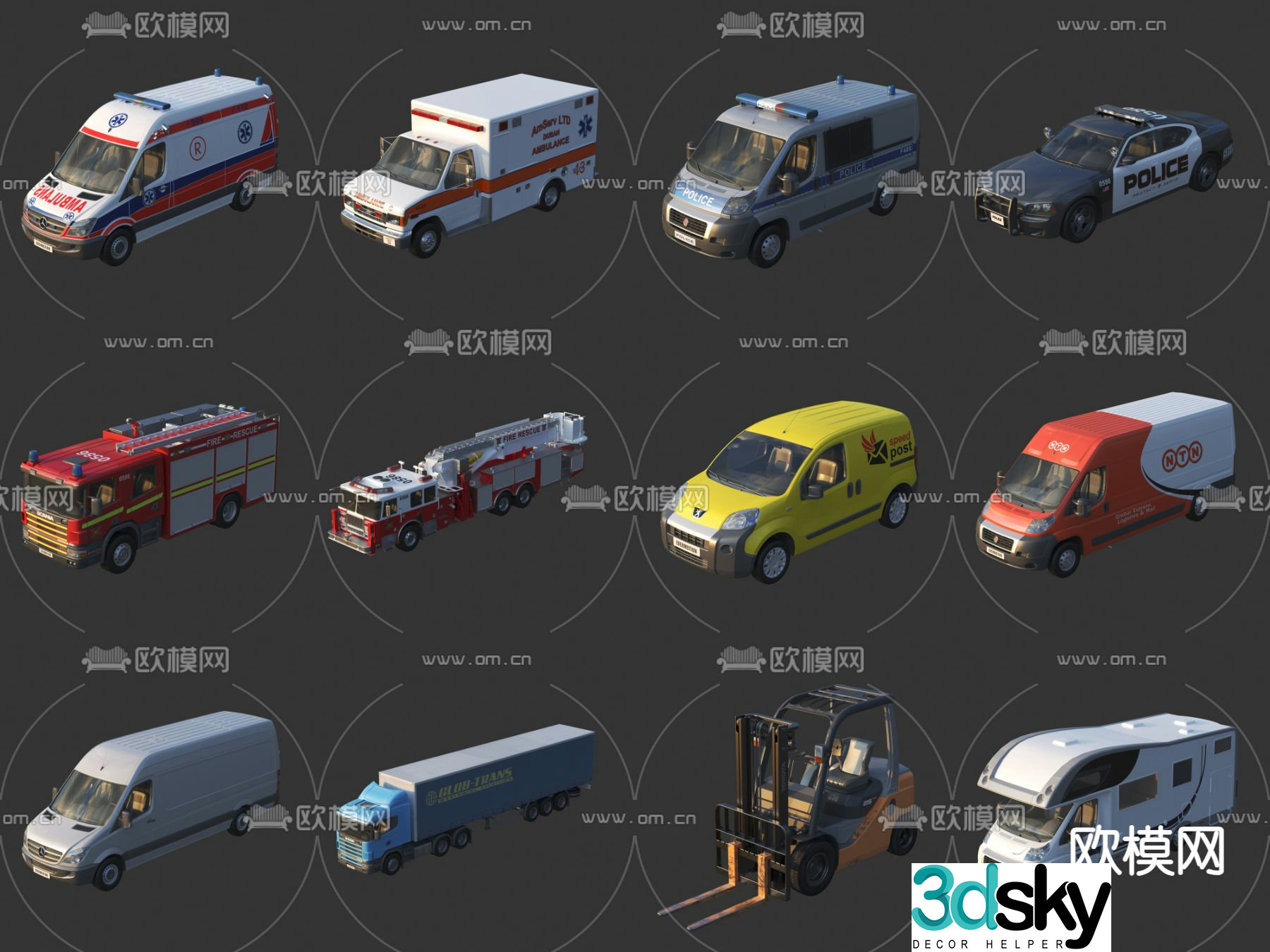 Ambulance Police Car Fire Truck Crane Truck Forklift RV Special Vehicle 3D Model